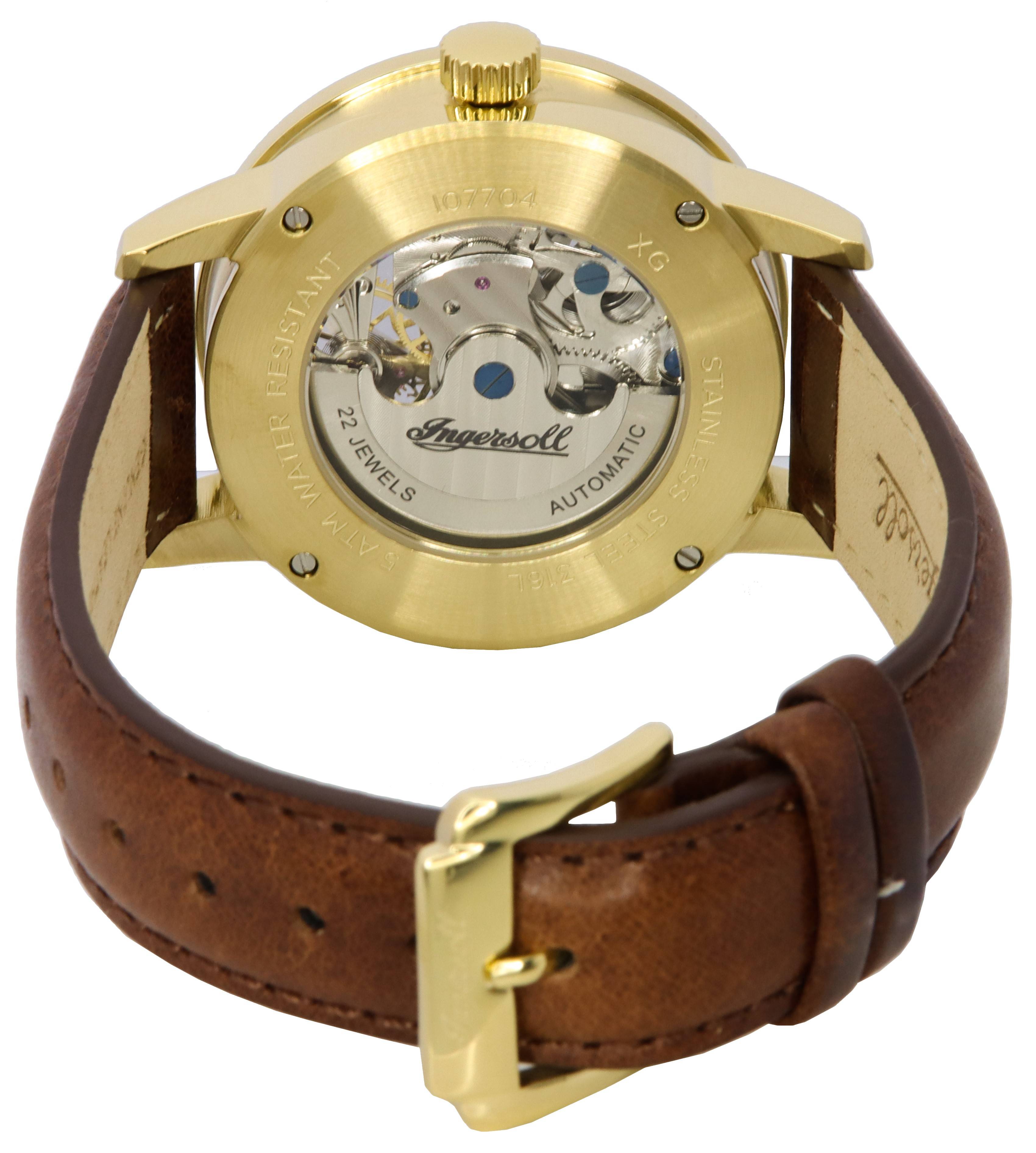 Ingersoll The Jazz Moon Phase Leather Strap Skeleton Gold Dial Automatic I07704 Men's Watch - Prestige Stones