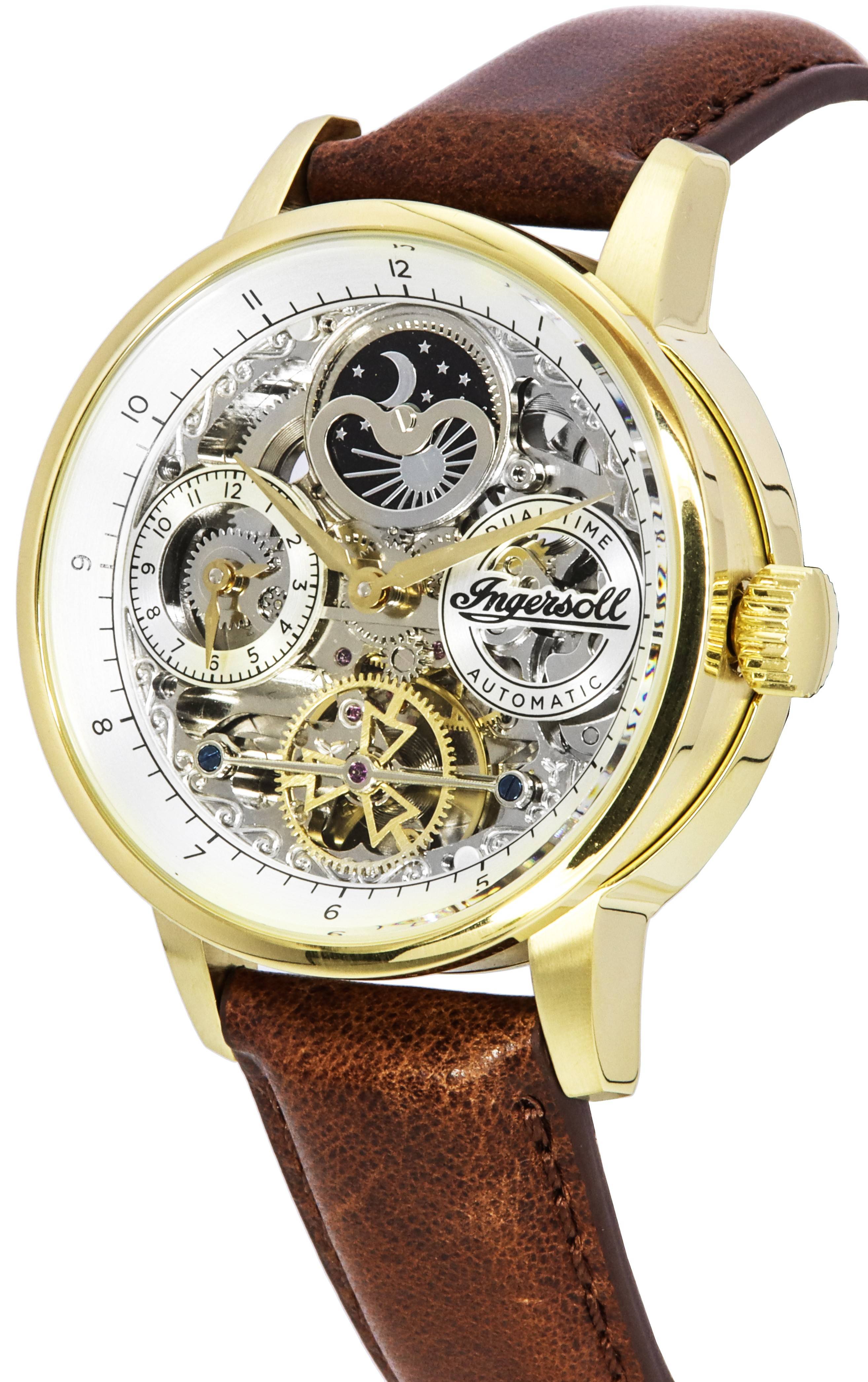 Ingersoll The Jazz Moon Phase Leather Strap Skeleton Gold Dial Automatic I07704 Men's Watch - Prestige Stones