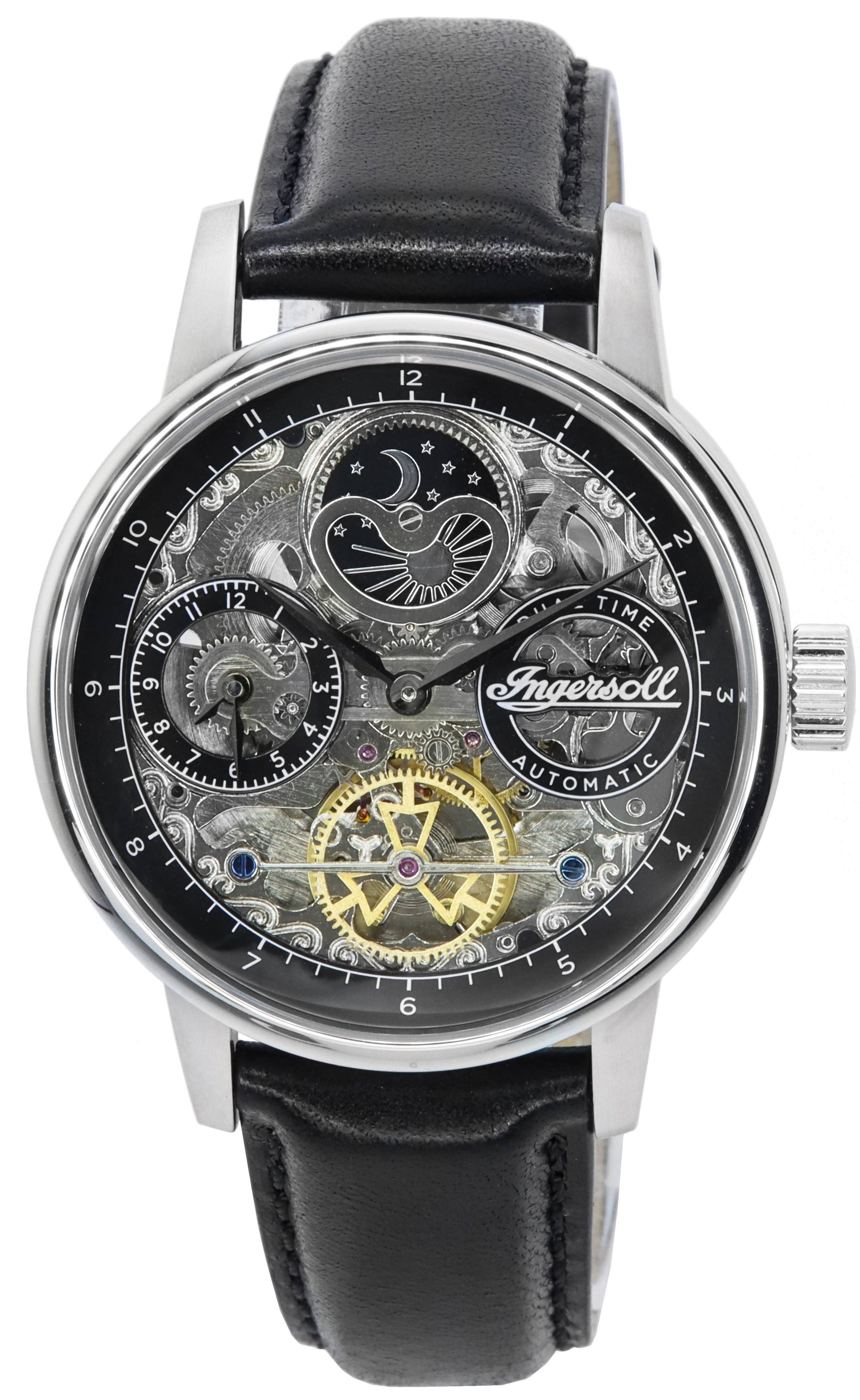 Ingersoll The Jazz Sun and Moon Phase Leather Strap Skeleton Silver Dial Automatic I07701 Men's Watch - Prestige Stones