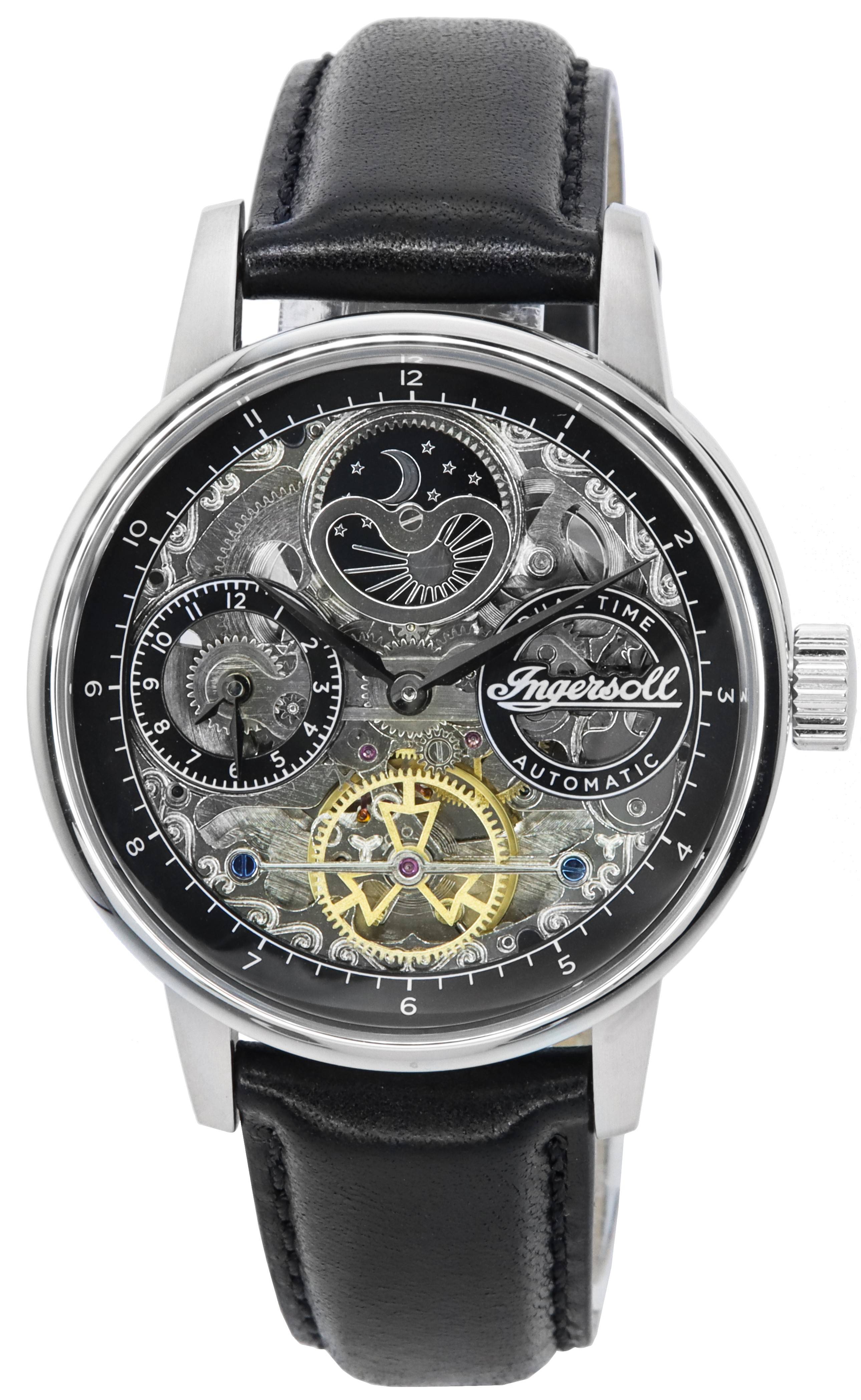 Ingersoll The Jazz Sun and Moon Phase Leather Strap Skeleton Silver Dial Automatic I07701 Men's Watch - Prestige Stones