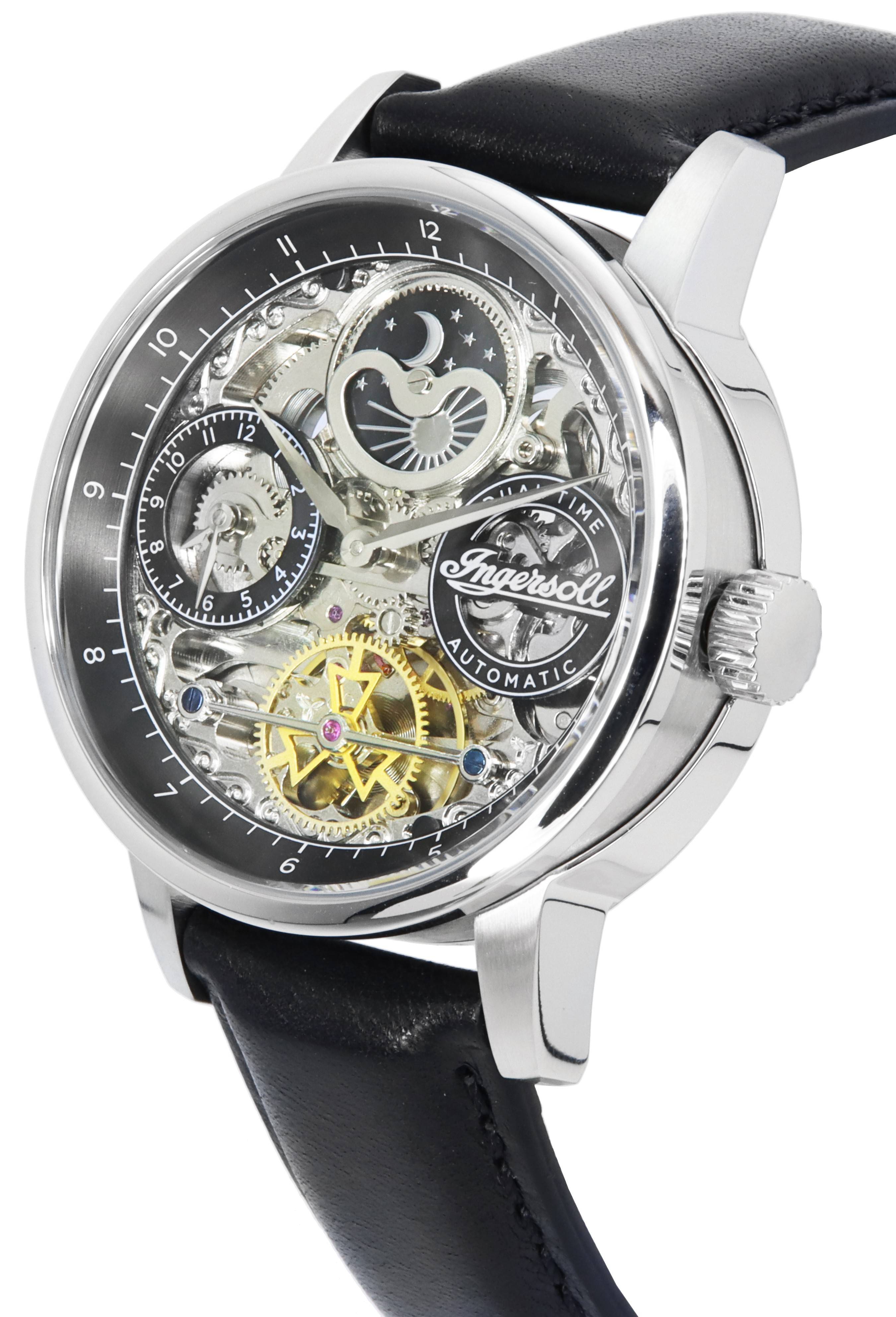 Ingersoll The Jazz Sun and Moon Phase Leather Strap Skeleton Silver Dial Automatic I07701 Men's Watch - Prestige Stones