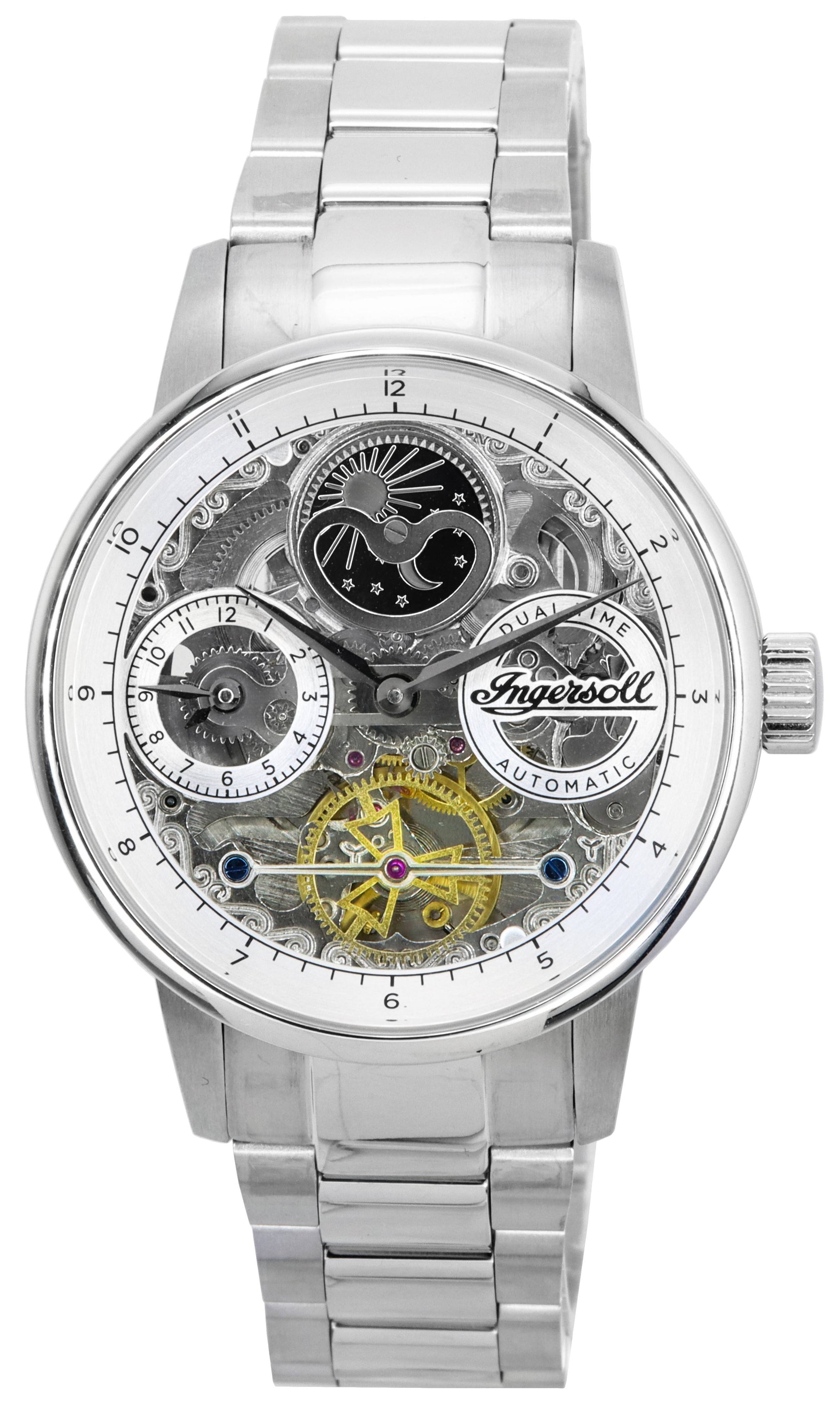 Ingersoll The Jazz Sun and Moon Phase Stainless Steel Skeleton Silver Dial Automatic I07703 Men's Watch - Prestige Stones