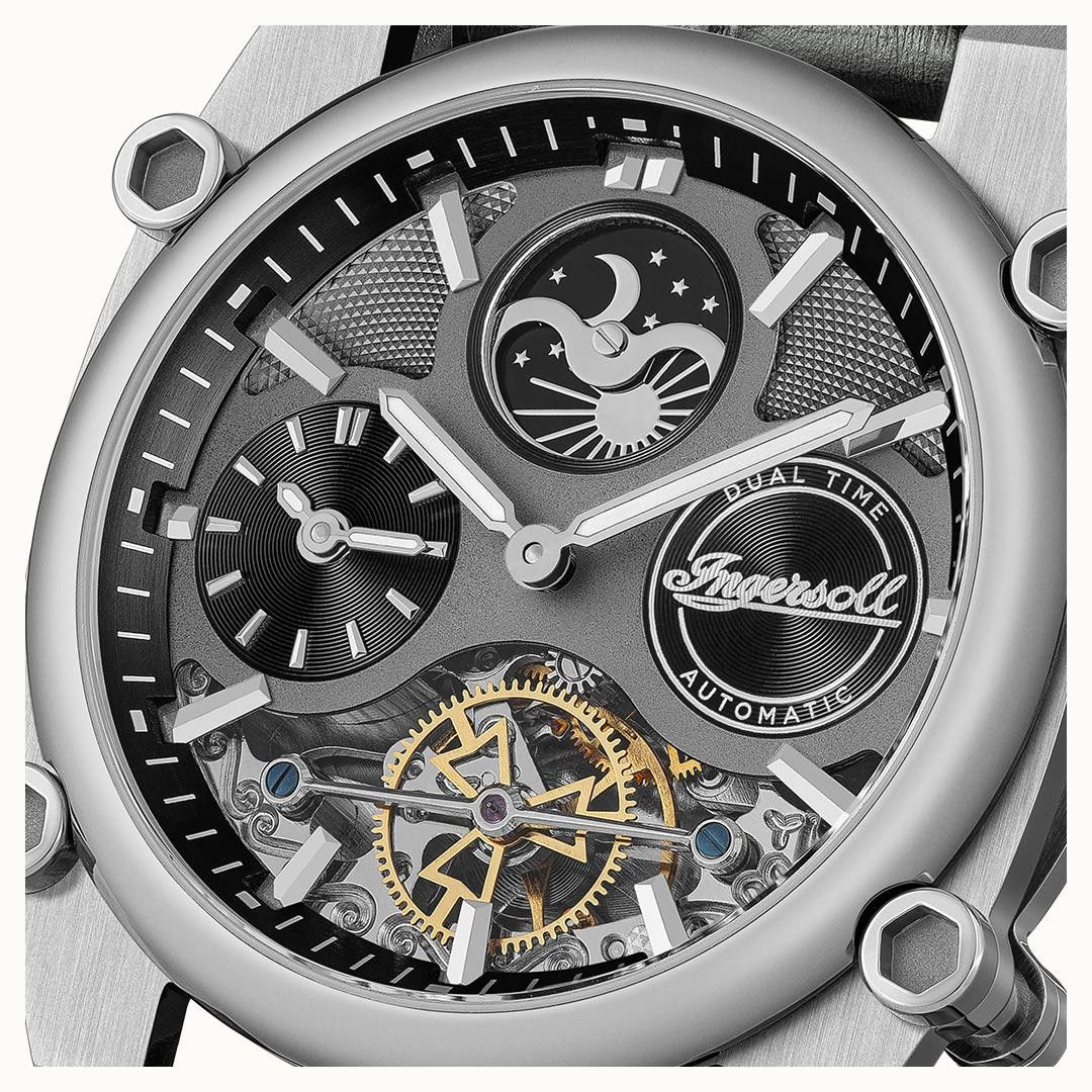 Ingersoll The Varsity Sun And Moon Phase Leather Strap Skeleton Grey Dial Automatic I15402 Men's Watch - Prestige Stones