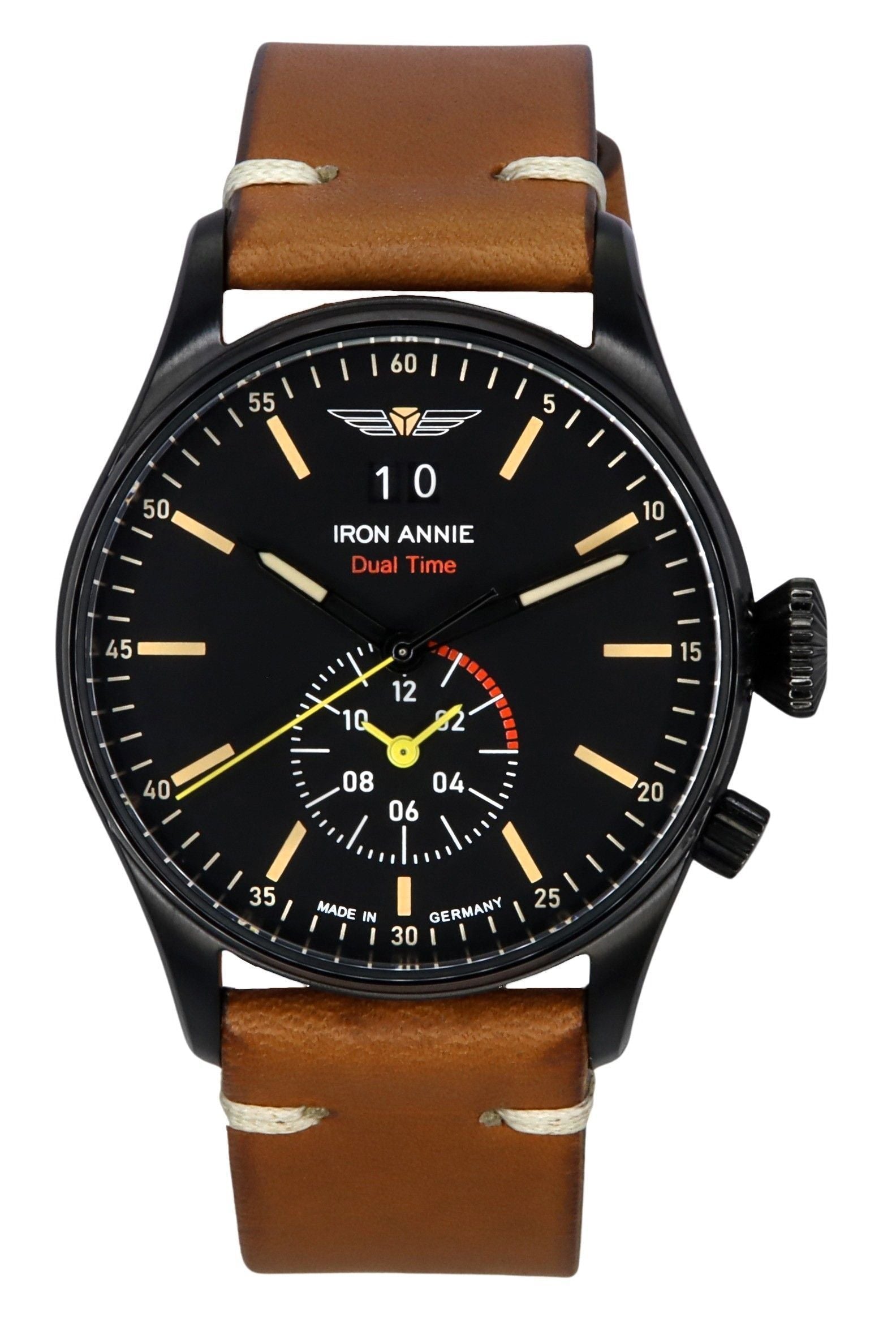 Iron Annie Flight Control Dual Time Leather Strap Black Dial Quartz 51442 Men's Watch - Prestige Stones
