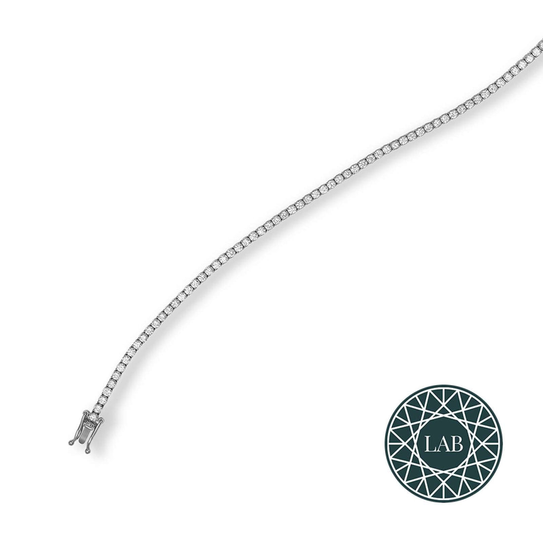 18ct gold line bracelet featuring lab-grown diamonds in claw setting with secure box clasp, available in white or yellow gold