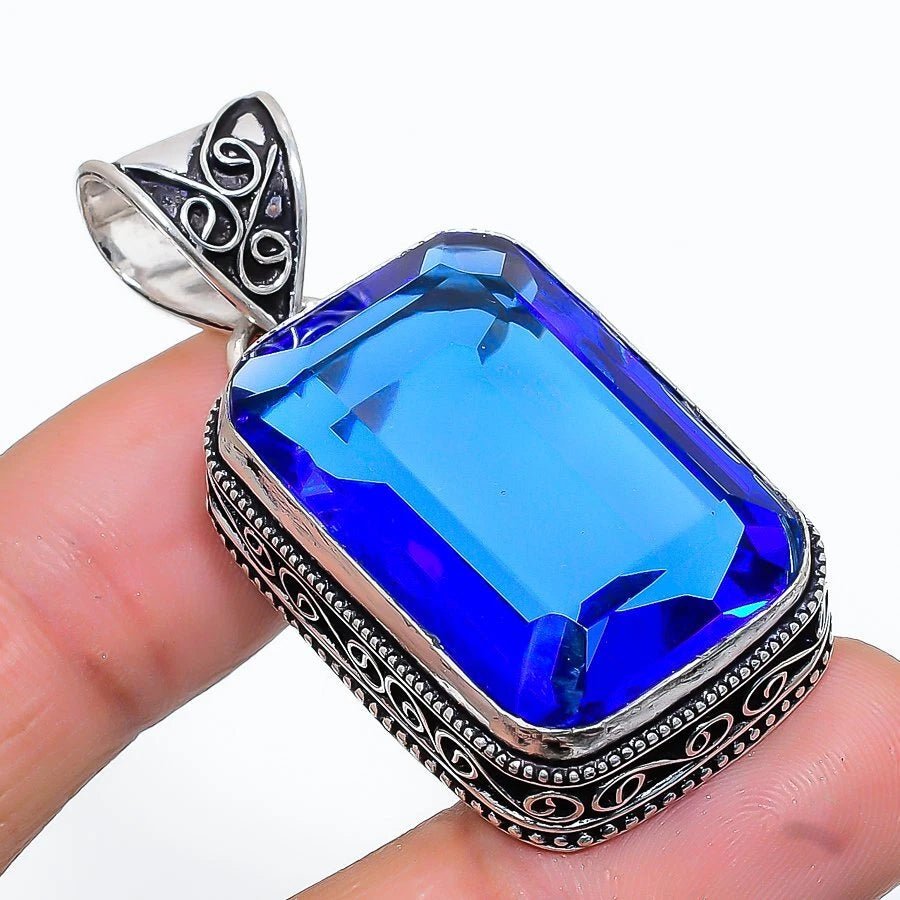 Handcrafted 925 silver pendant with lab-created London blue topaz gemstone – ethnic-inspired design, 1.81" length