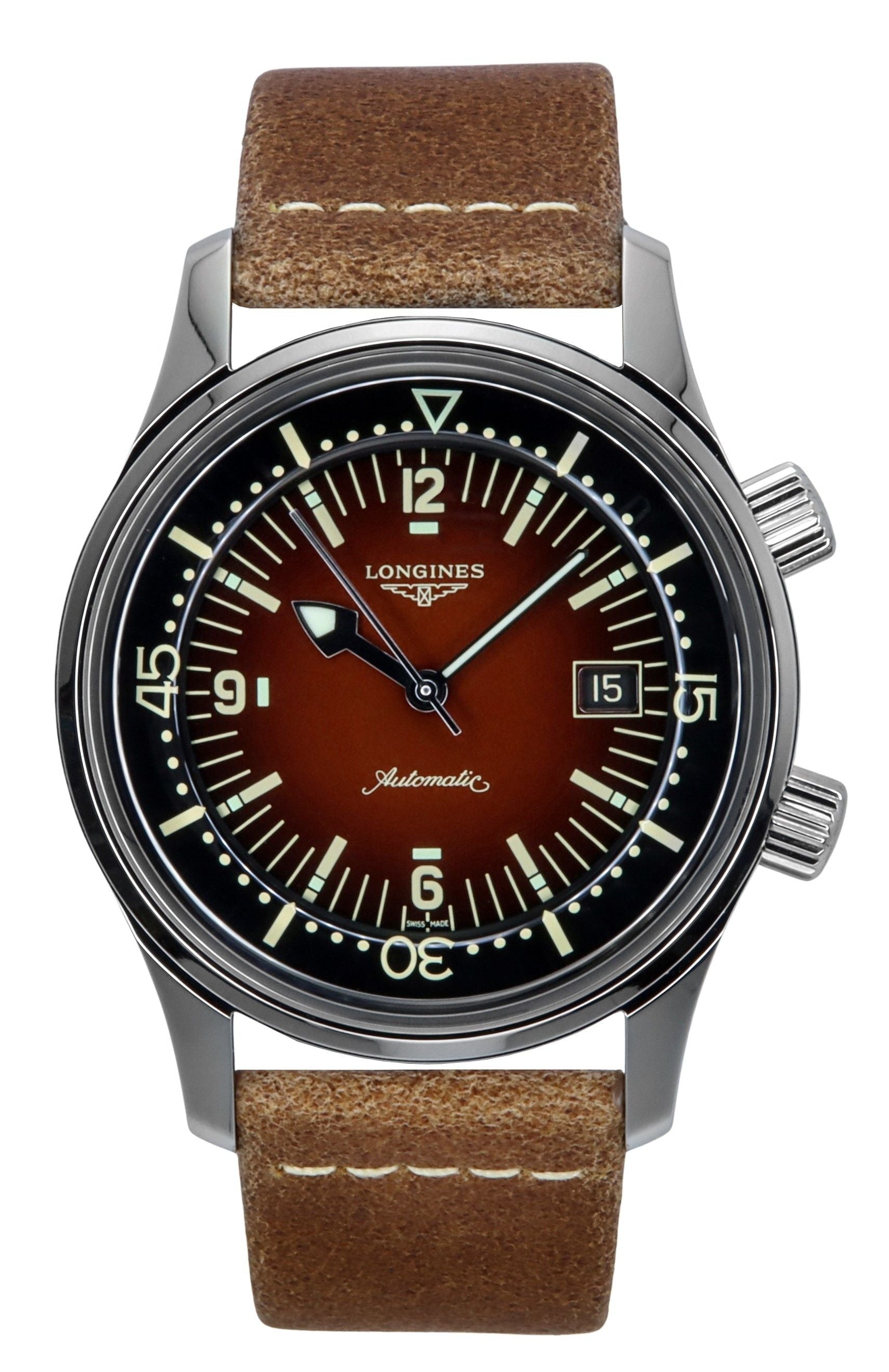 Longines Legend Diver Leather Strap Brown Dial Automatic L3.774.4.60.2 300M Men's Watch - Prestige Stones