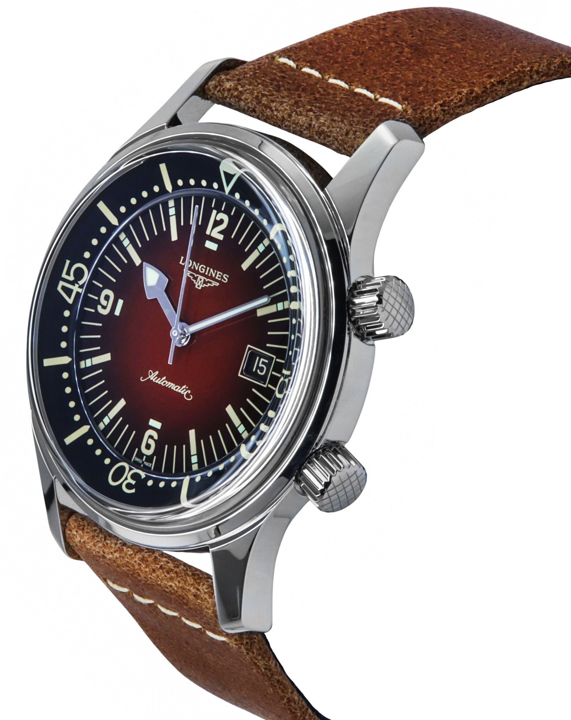 Longines Legend Diver Leather Strap Brown Dial Automatic L3.774.4.60.2 300M Men's Watch - Prestige Stones