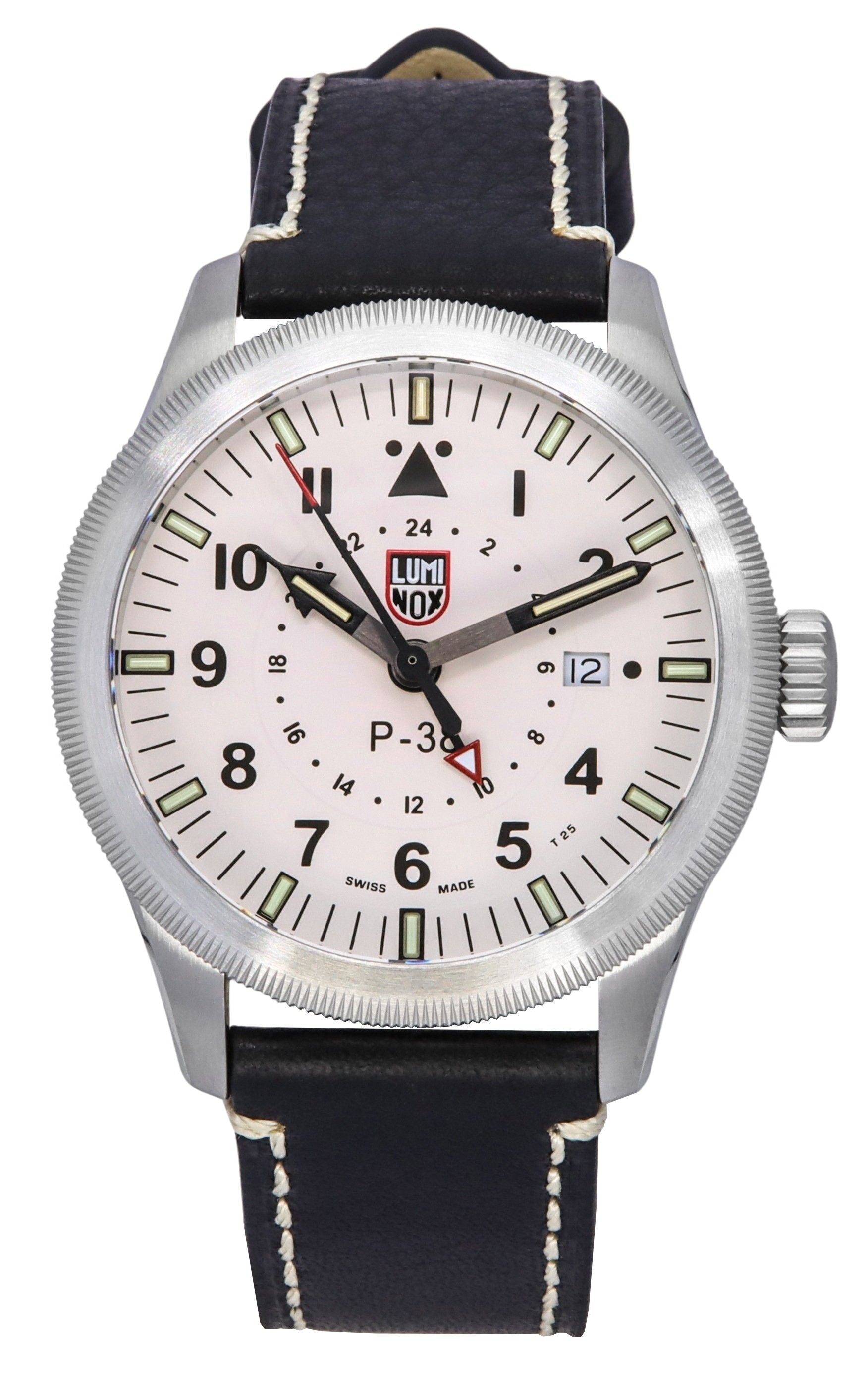 Luminox Air Pilot P - 38 Lightning GMT Black Leather Strap White Dial Swiss Quartz XA.9527 100M Men's Watch - Prestige Stones
