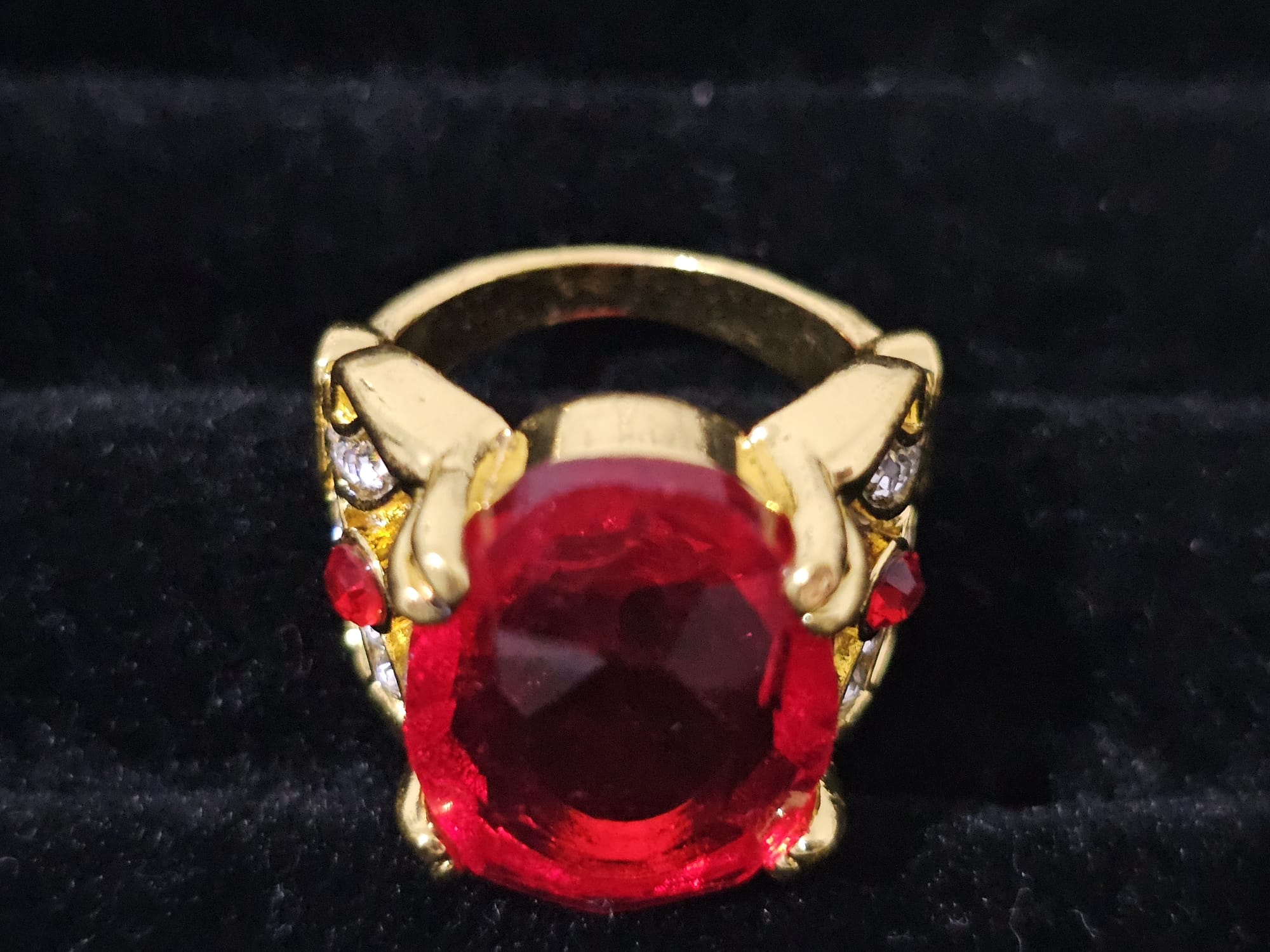 Luxurious Promise Ring 18K Gold Plated Look Inlaid Oval Red Gemstone Zirconia - Prestige Stones