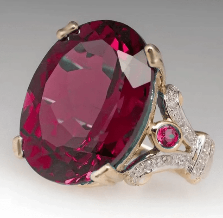 Luxurious Promise Ring 18K Gold Plated Look Inlaid Oval Red Gemstone Zirconia - Prestige Stones