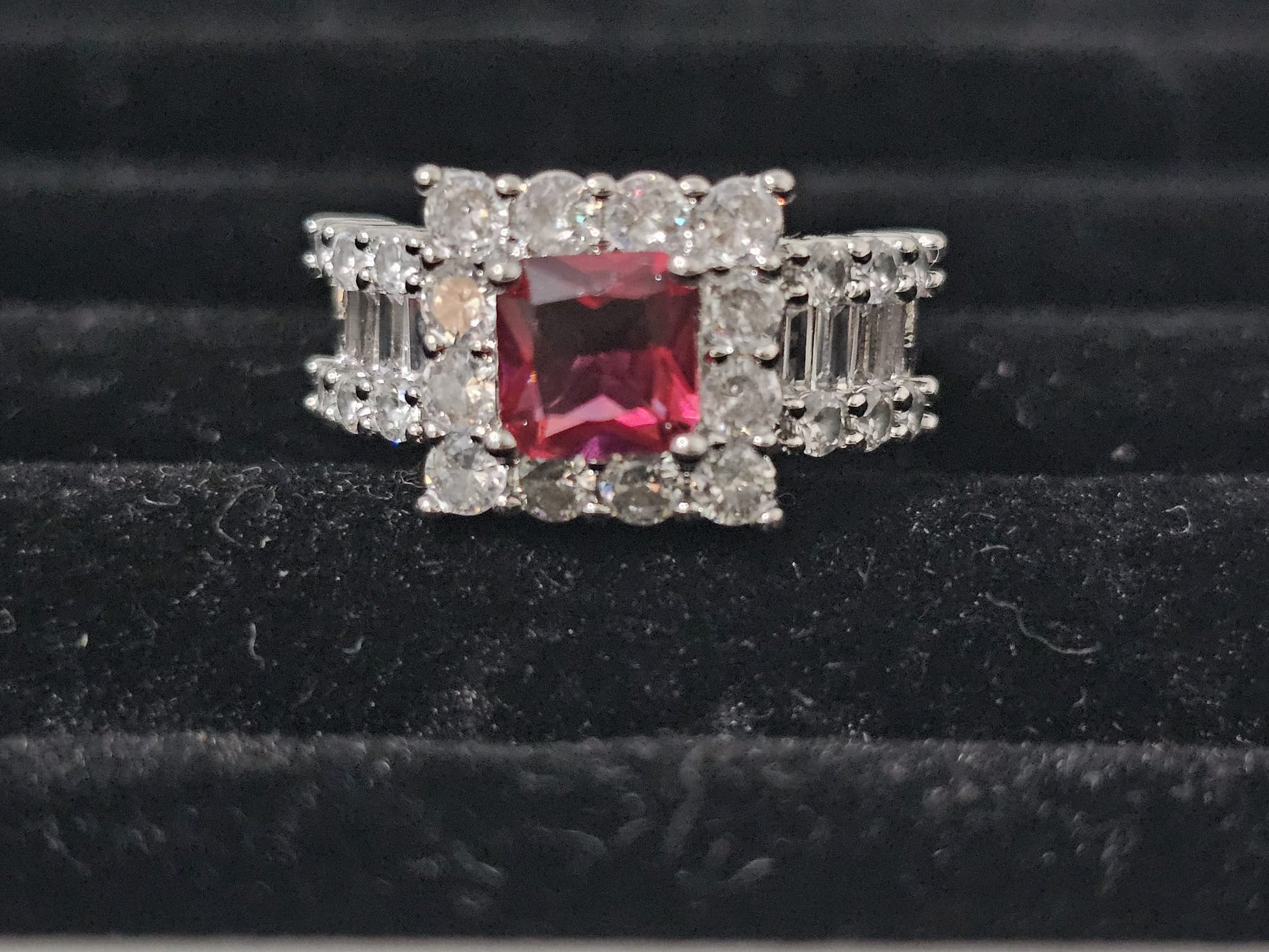 Luxury elegant red zirconia ring with shiny center stone, hypoallergenic alloy, size US 5