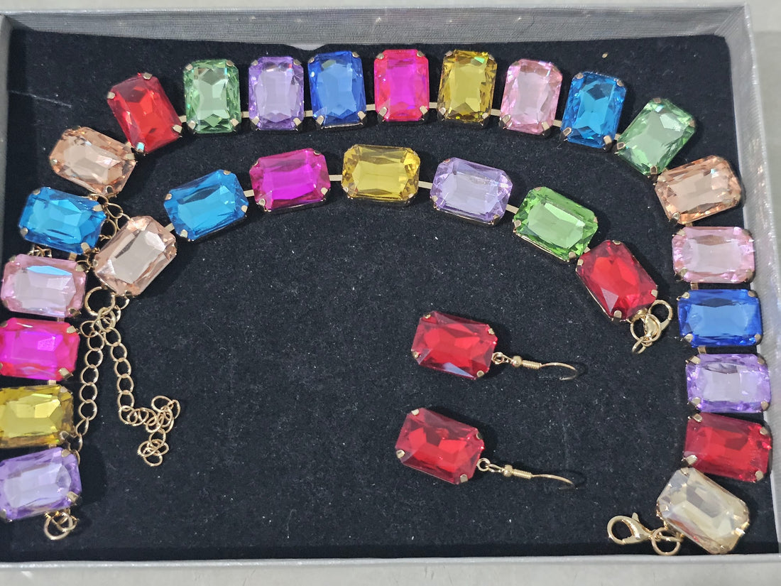 3pcs Luxury Colorful Rhinestone Crystal Jewelry Set – Necklace, Earrings & Bracelet | Mixed Color | Perfect for Party & Evening Wear - Prestige Stones