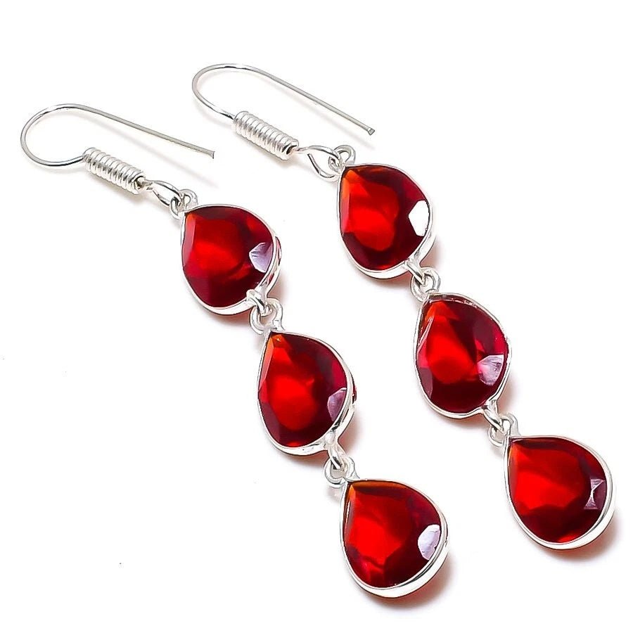 Handcrafted 925 silver ethnic-style earrings with lab-created deep red Mozambique garnet stones