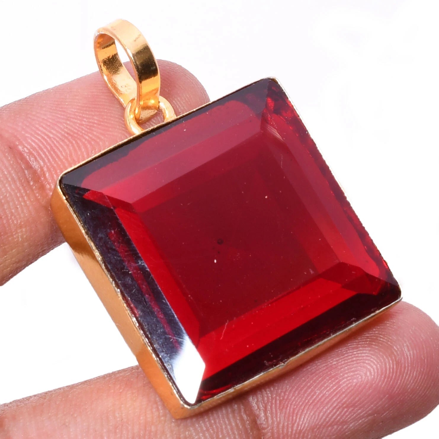 Mozambique Garnet Gemstone 925 Silver Handmade Gold Plated Jewelry Pendant 1.54" Lab Created - Prestige Stones