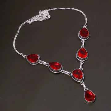 Handcrafted 925 silver necklace with lab-created Mozambique garnet gemstone – 18-inch length, ethnic-inspired design