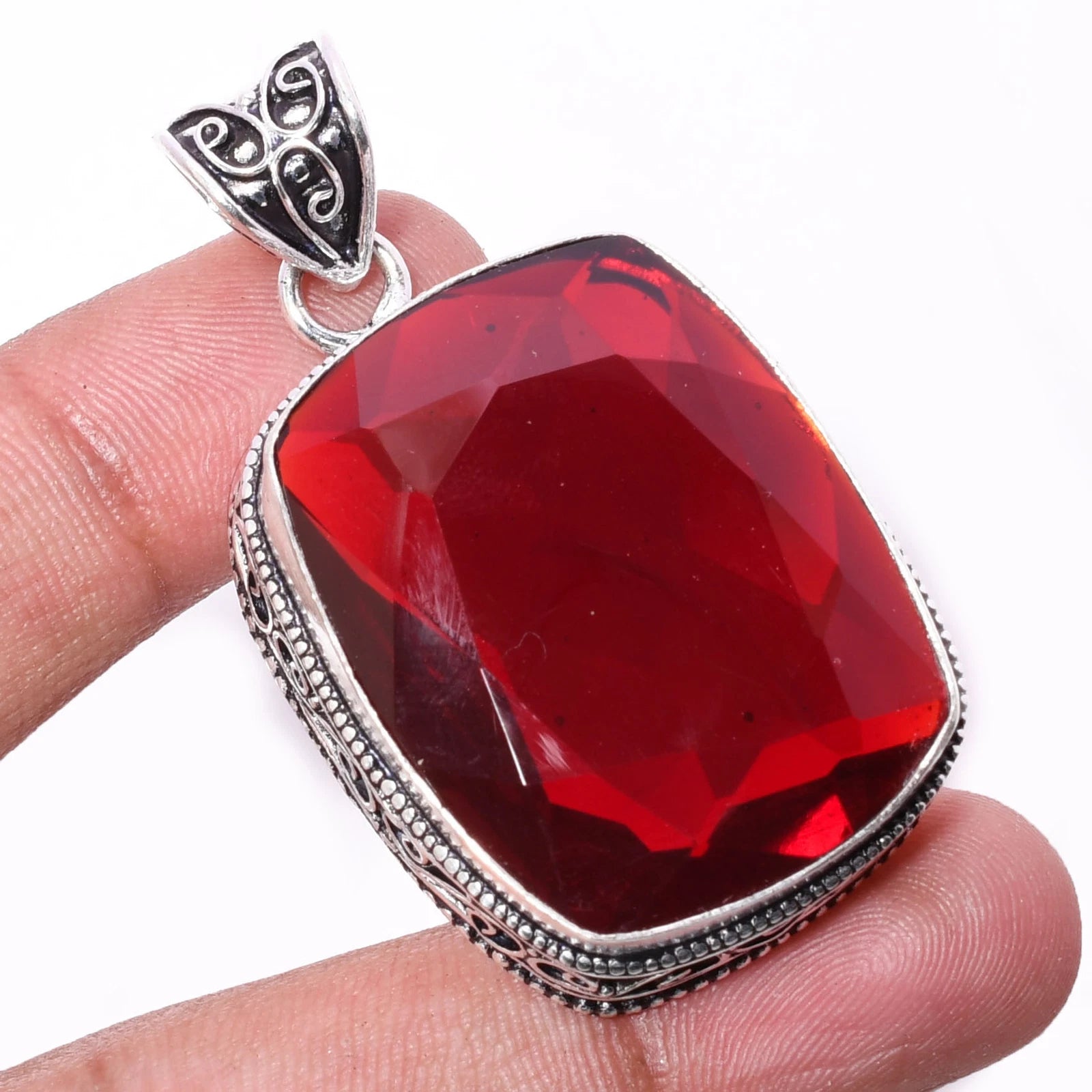 Handcrafted 925 silver pendant with lab-created Mozambique garnet gemstone – ethnic-inspired design, 1.89" length