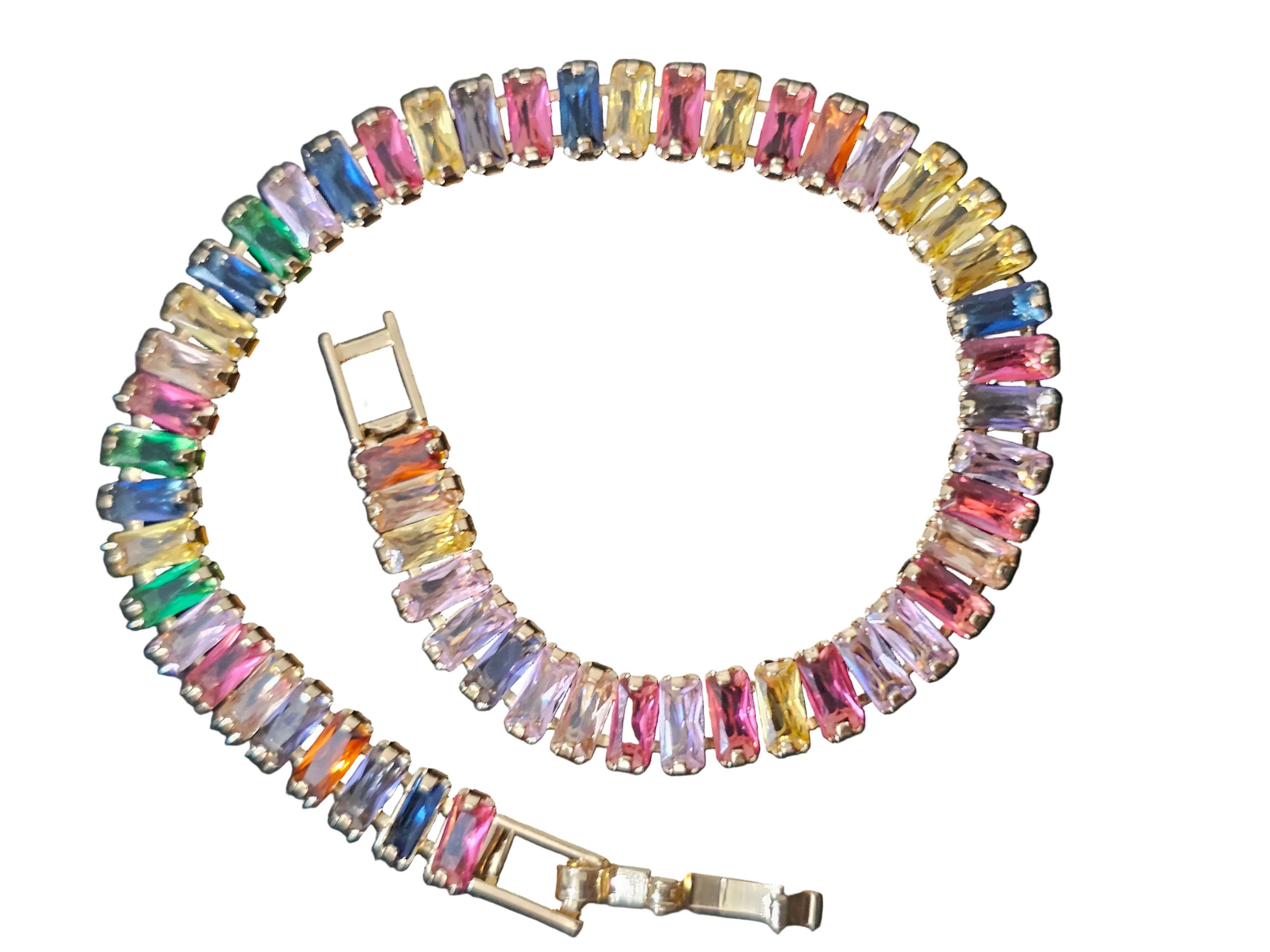 Multicolor gemstone tennis bracelet with 18K gold-plated finish, classic chain design, secure clasp, vibrant and elegant