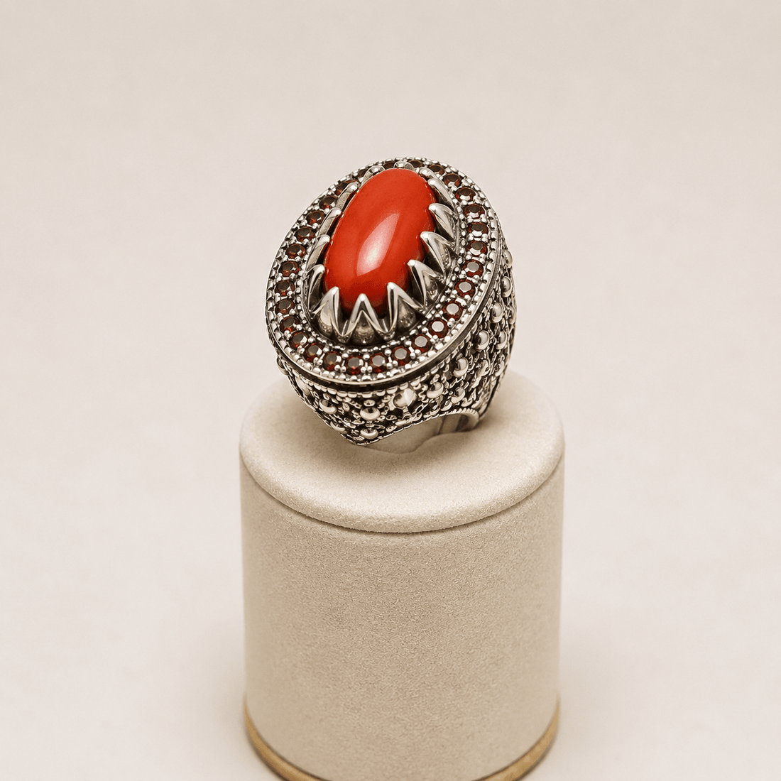 Natural Marjan Coral 925 Sterling Silver Ornate Statement Ring - Prestige Stones