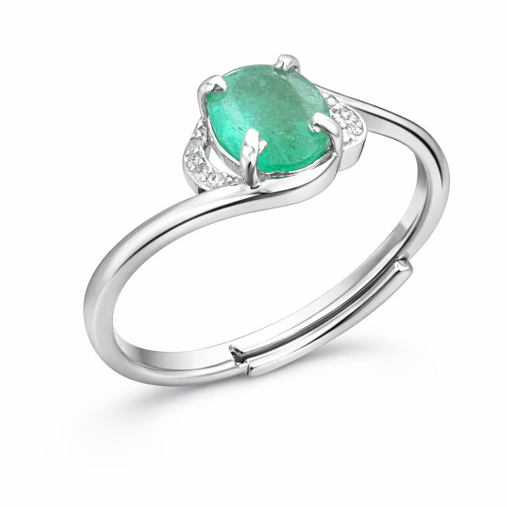 Natural Zambian Emerald Adjustable Silver Ring – 0.96 ct Oval, Oiled - Prestige Stones