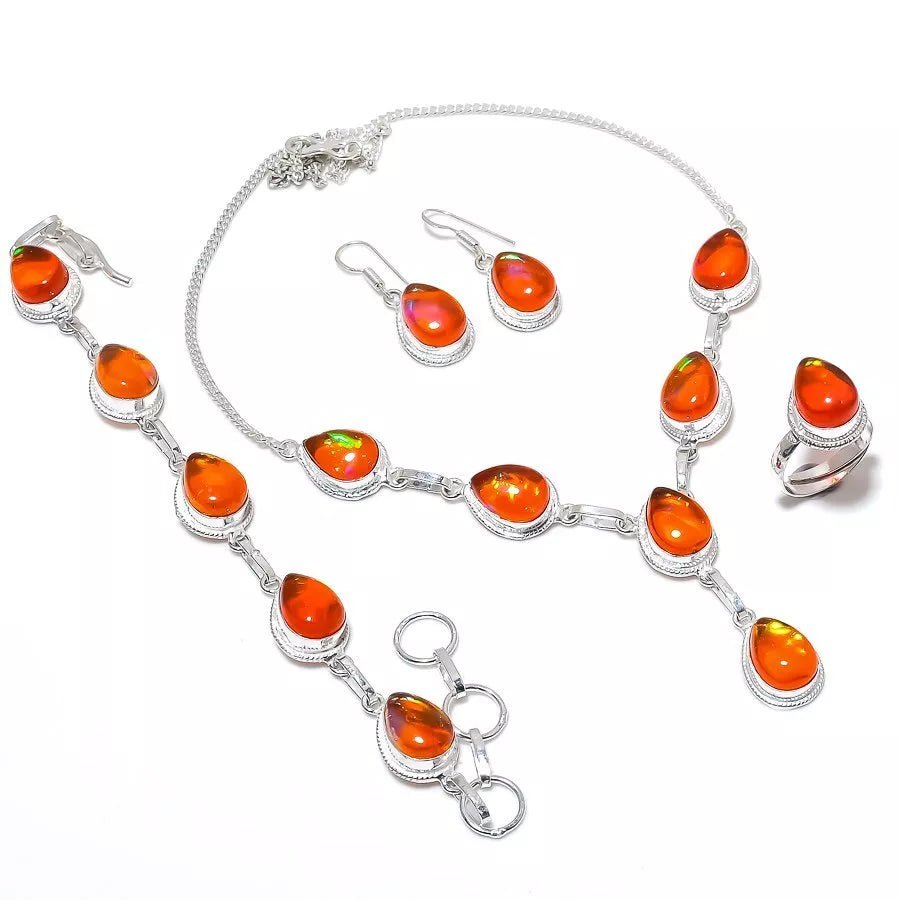 Handcrafted 925 silver ethnic jewelry set with lab-created vivid orange triplet opal – includes necklace, earrings, bracelet, and adjustable ring