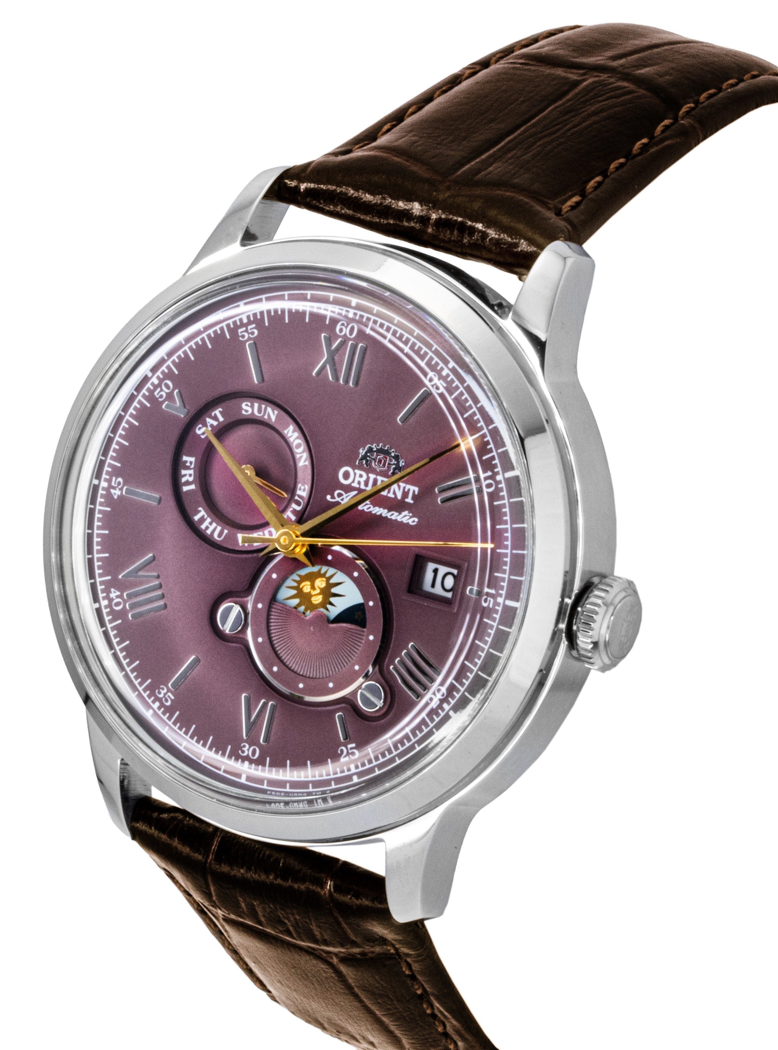 Orient Classic Sun and Moon Leather Strap Bordeaux Dial Automatic RA - AK0807R Men's Watch - Prestige Stones