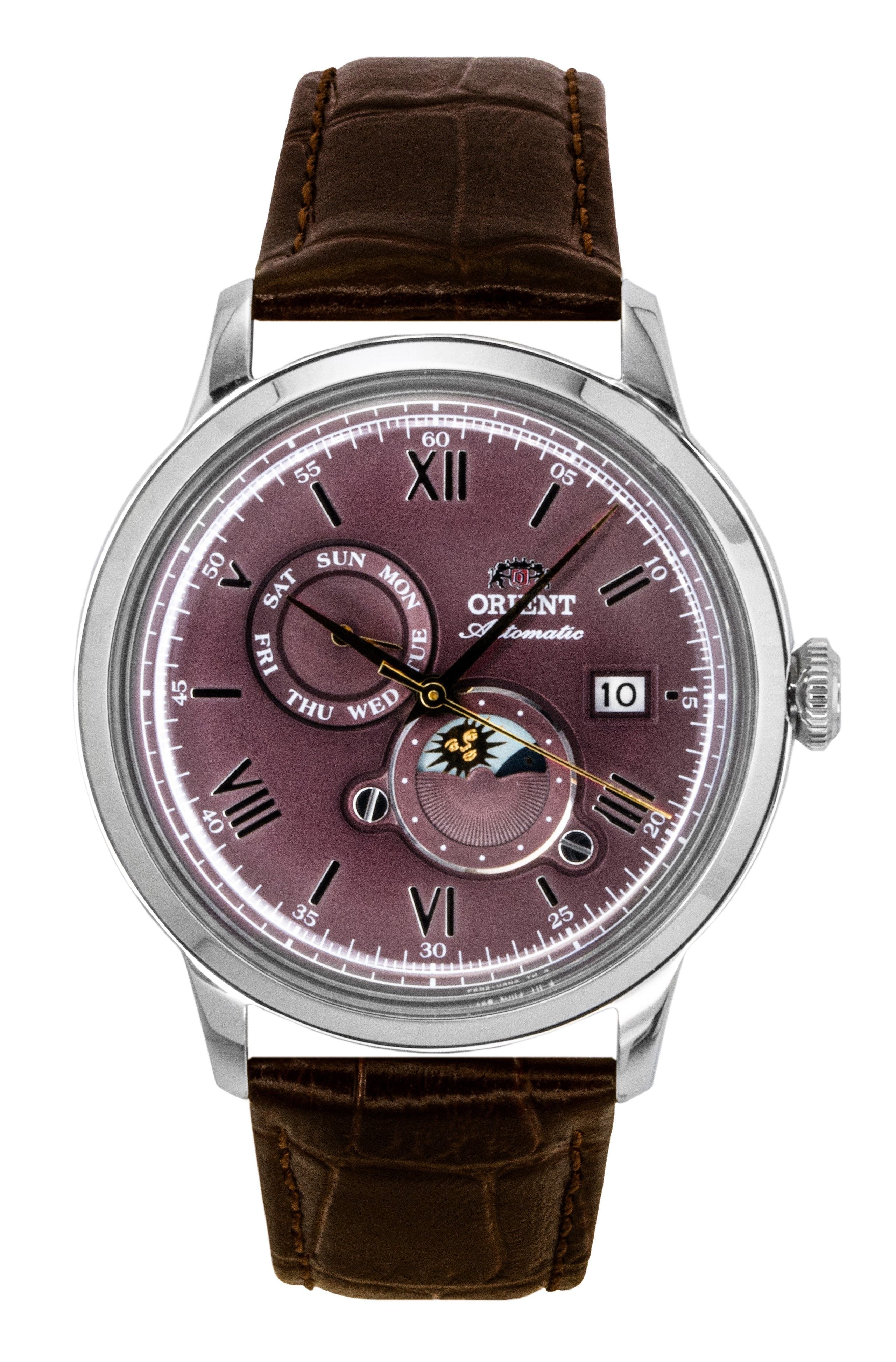 Orient Classic Sun and Moon Leather Strap Bordeaux Dial Automatic RA - AK0807R Men's Watch - Prestige Stones