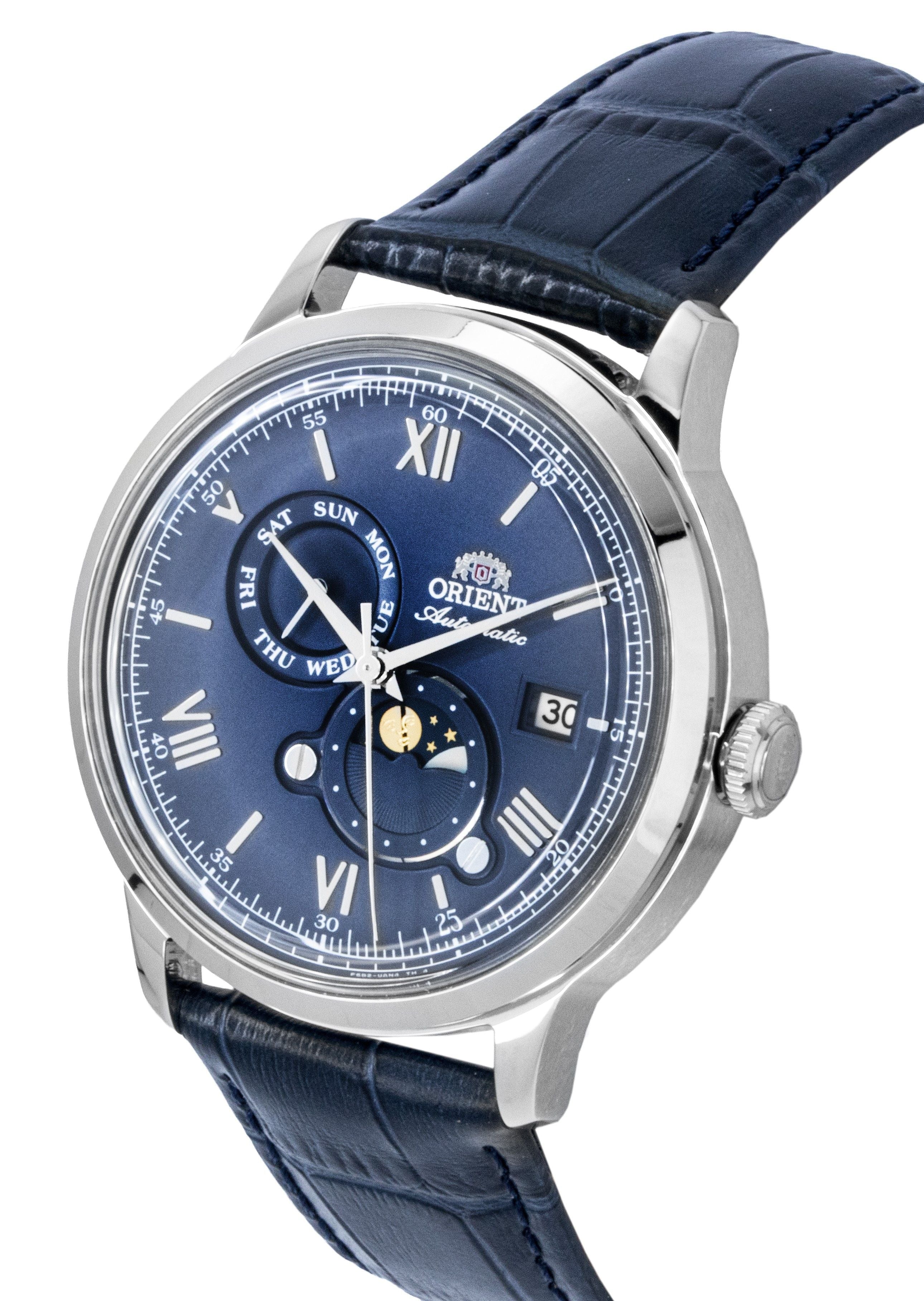 Orient Classic Sun and Moon Leather Strap Navy Blue Dial Automatic RA - AK0806L Men's Watch - Prestige Stones