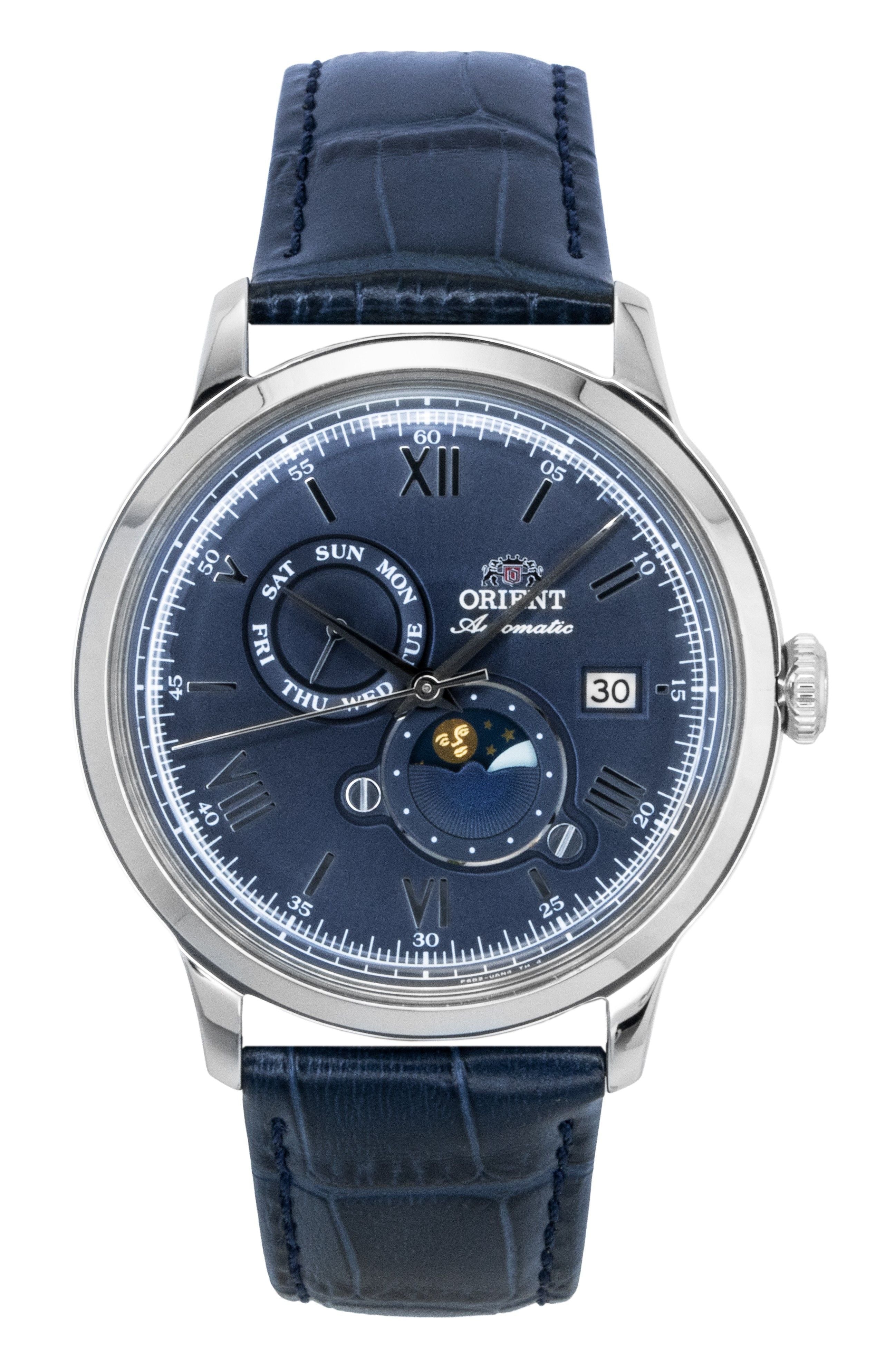 Orient Classic Sun and Moon Leather Strap Navy Blue Dial Automatic RA - AK0806L Men's Watch - Prestige Stones