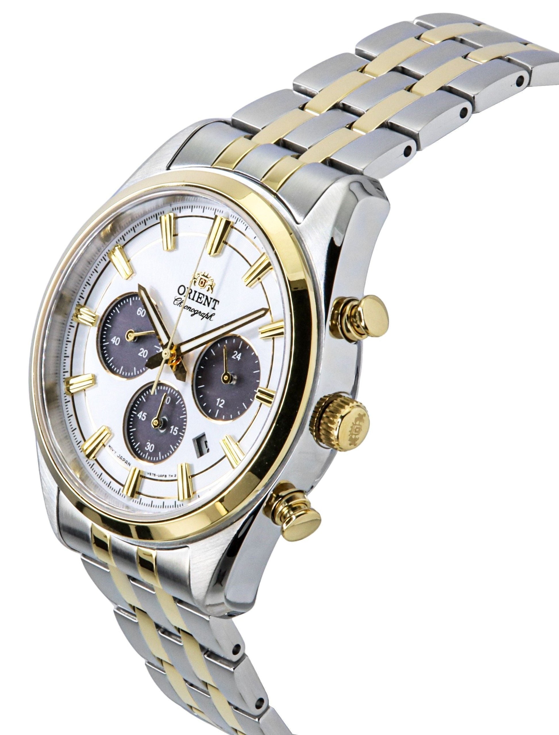 Orient Contemporary Chronograph Two Tone Stainless Steel White Dial Quartz RA - TX0302S Men's Watch - Prestige Stones