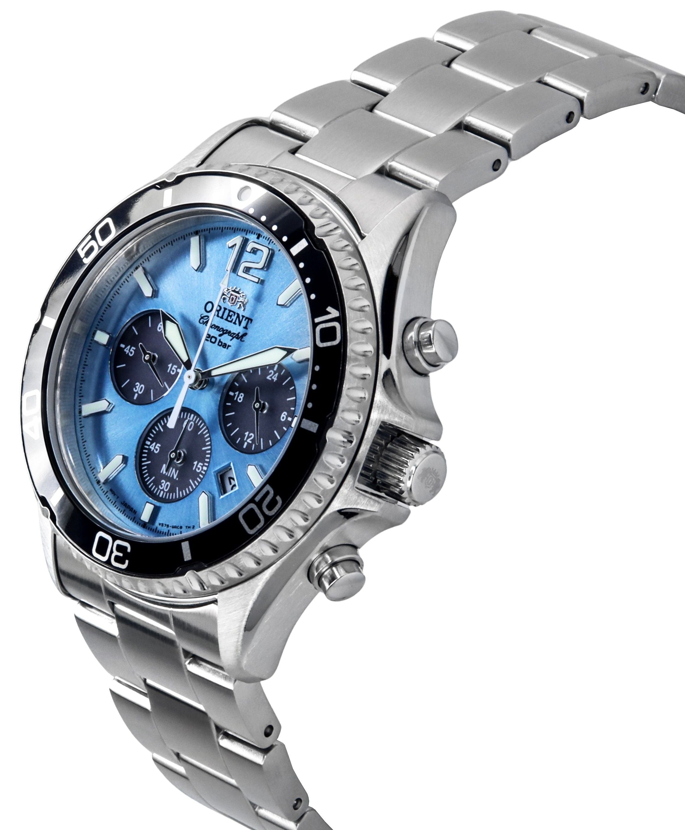 Orient Sports Chronograph Stainless Steel Sky Blue Dial Quartz Diver's RA - TX0206L 200M Men's Watch - Prestige Stones