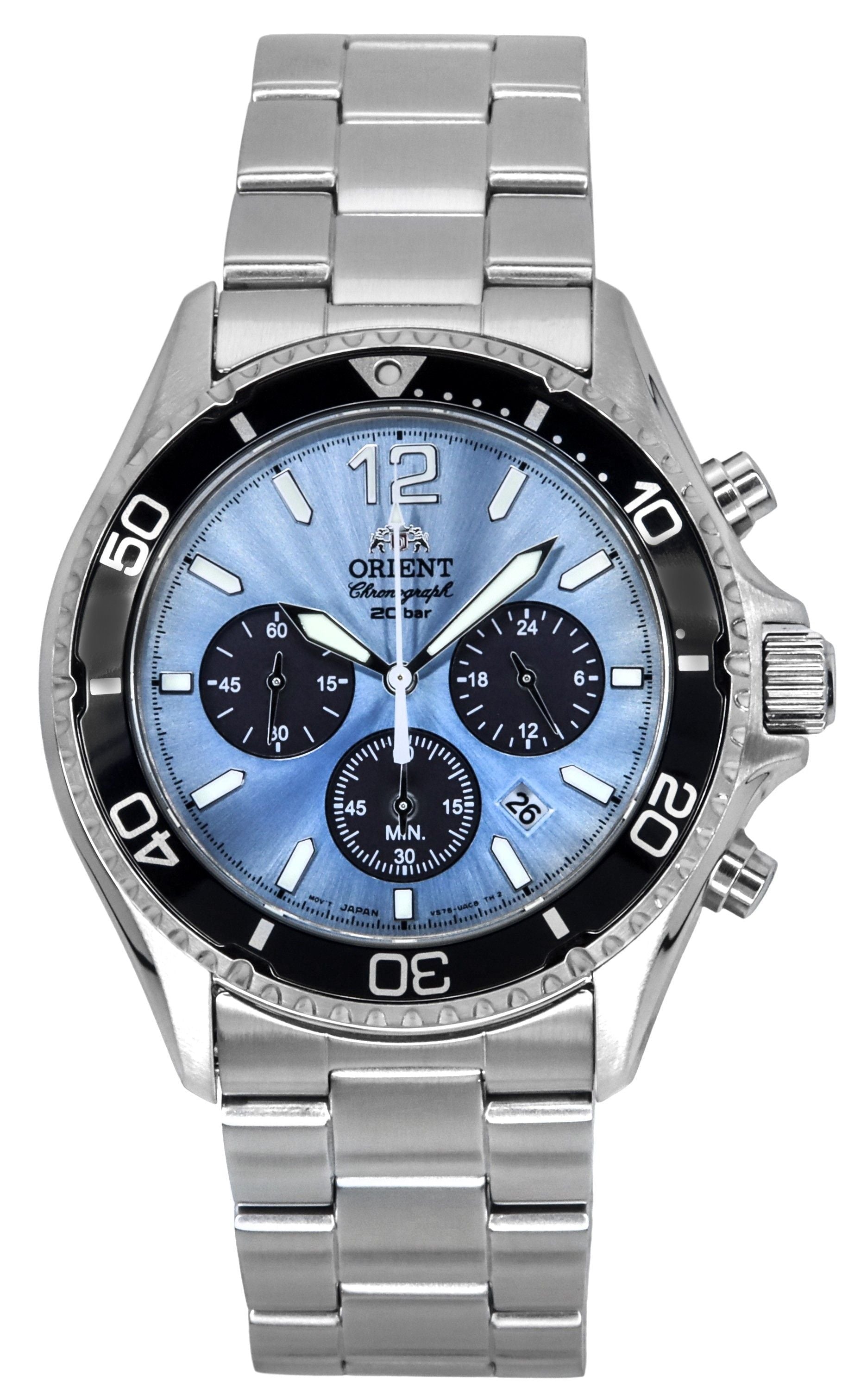 Orient Sports Chronograph Stainless Steel Sky Blue Dial Quartz Diver's RA - TX0206L 200M Men's Watch - Prestige Stones