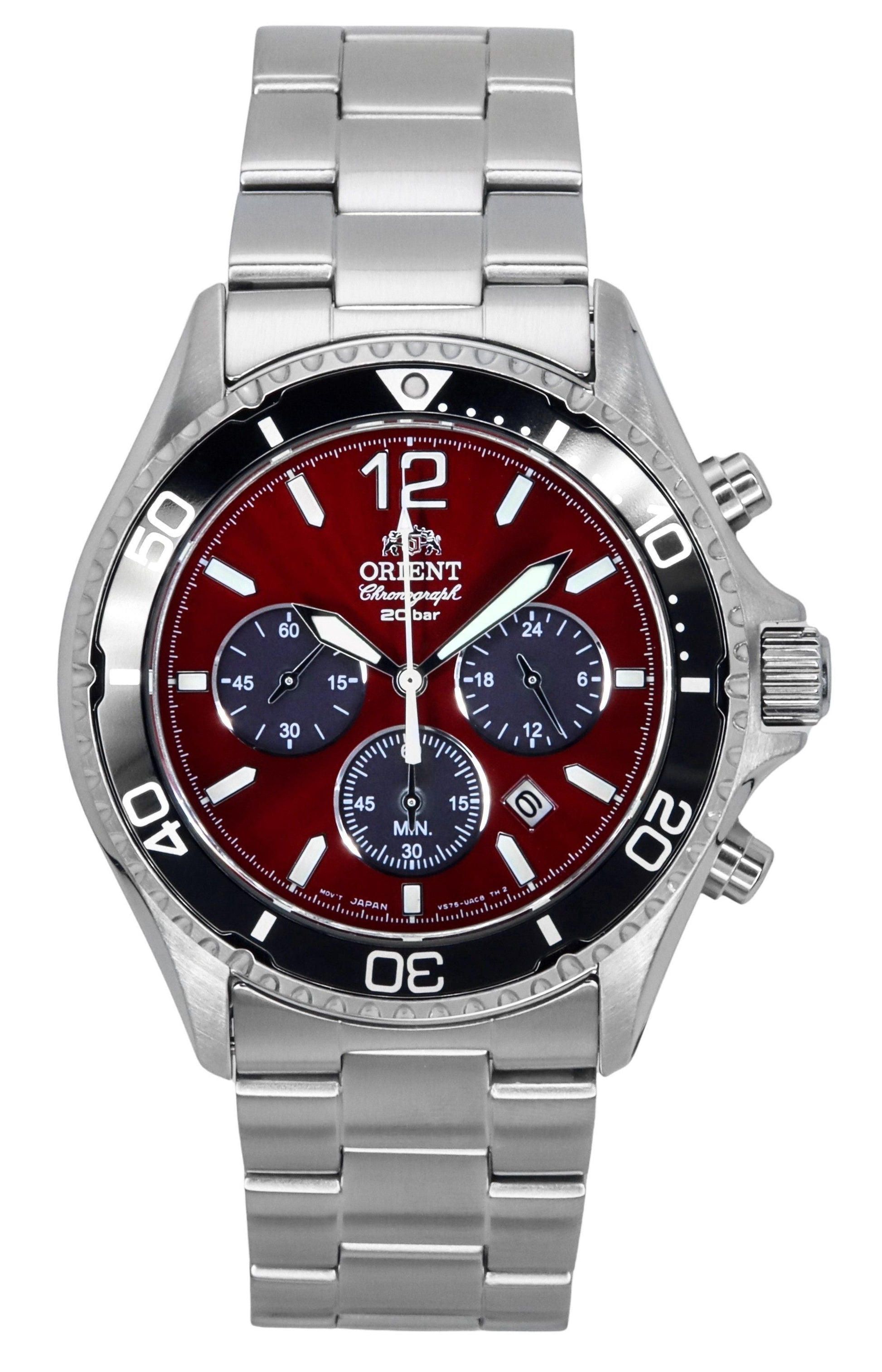 Orient Sports Chronograph Stainless Steel Sky Red Dial Quartz Diver's RA - TX0207R 200M Men's Watch - Prestige Stones