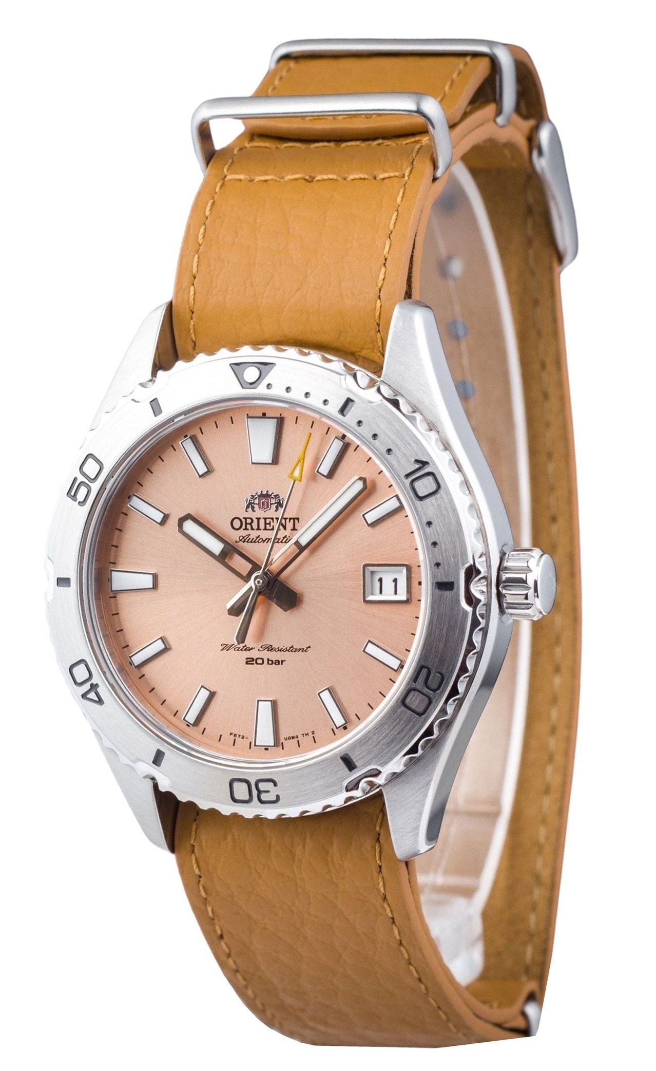 Orient Sports Leather Strap Apricot Dial Automatic Diver's RA - AC0Q05P10B RA - AC0Q05P30B 200M Men's Watch - Prestige Stones
