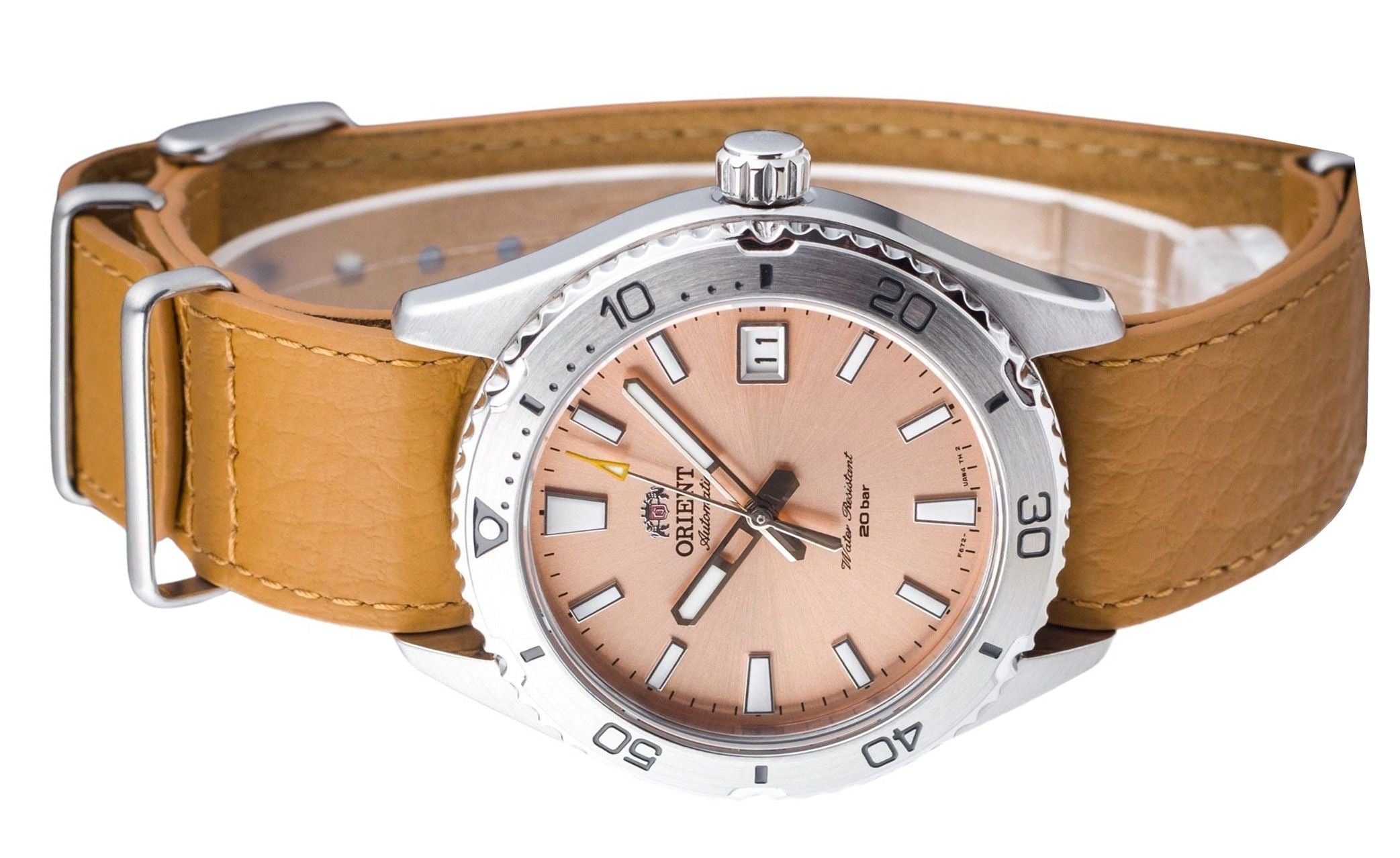 Orient Sports Leather Strap Apricot Dial Automatic Diver's RA - AC0Q05P10B RA - AC0Q05P30B 200M Men's Watch - Prestige Stones