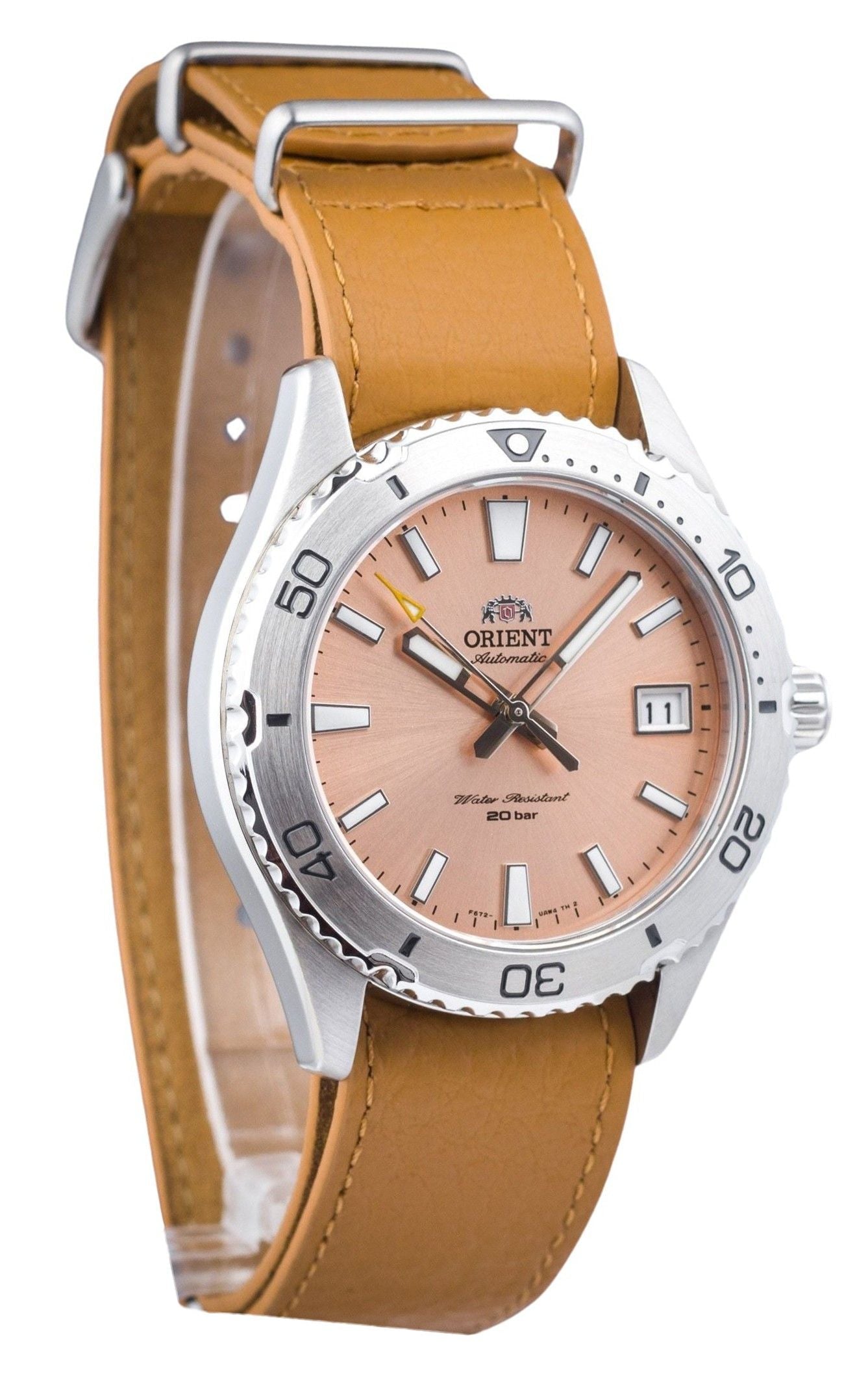 Orient Sports Leather Strap Apricot Dial Automatic Diver's RA - AC0Q05P10B RA - AC0Q05P30B 200M Men's Watch - Prestige Stones