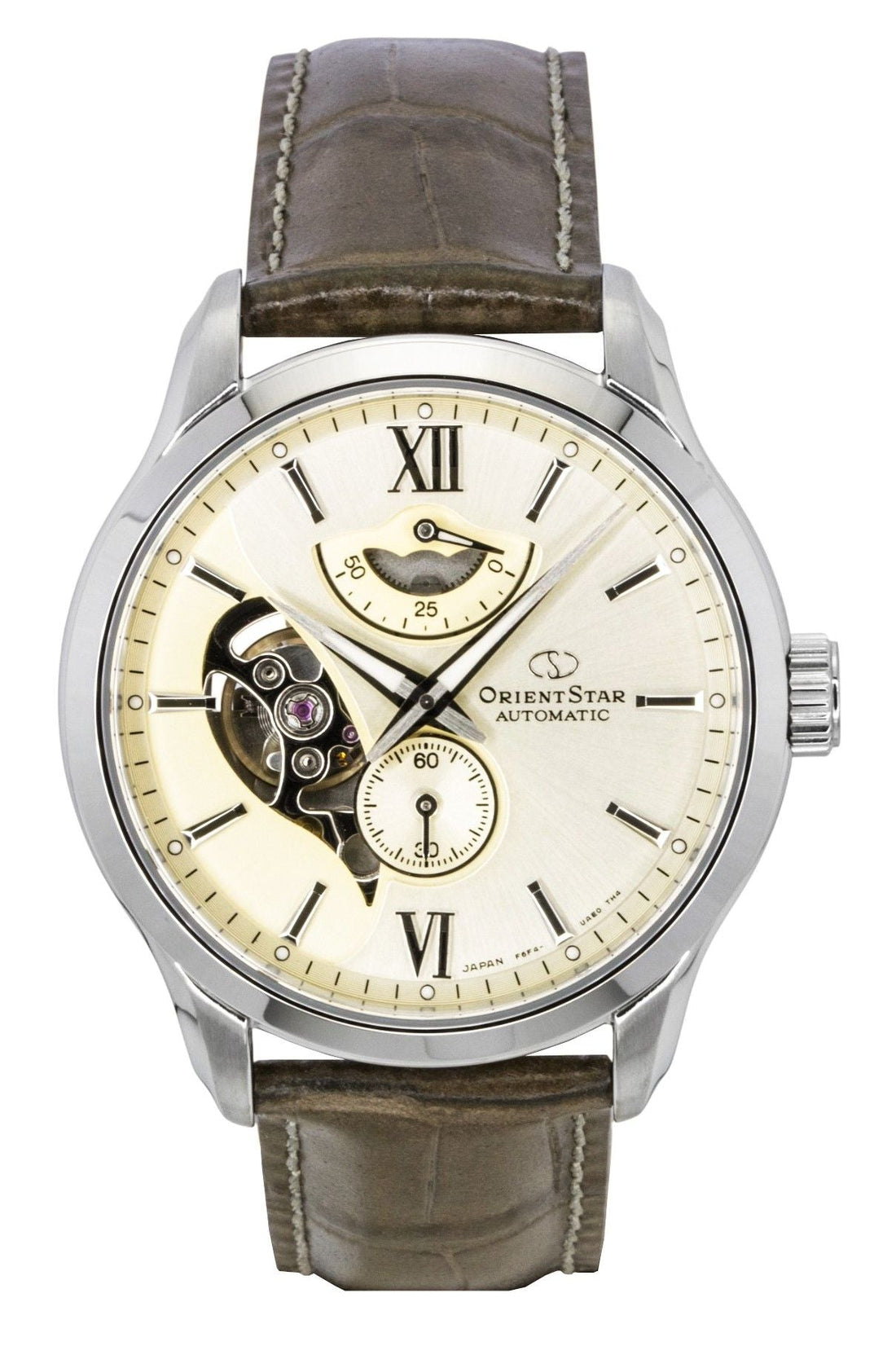 Orient Star Contemporary Leather Strap Open Heart Champagne Dial Automatic RE - AV0B10G 100M Men's Watch - Prestige Stones