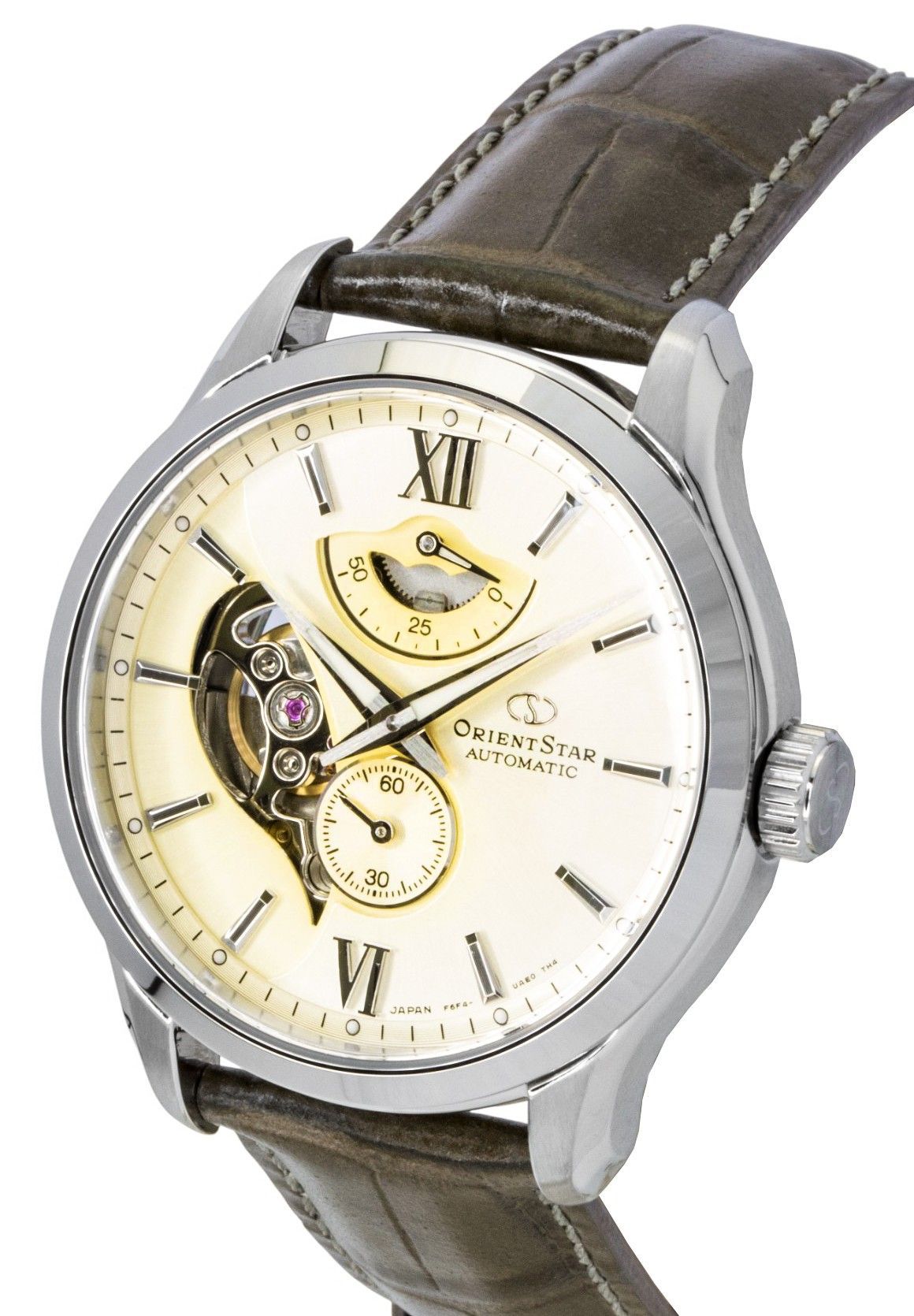 Orient Star Contemporary Leather Strap Open Heart Champagne Dial Automatic RE - AV0B10G 100M Men's Watch - Prestige Stones