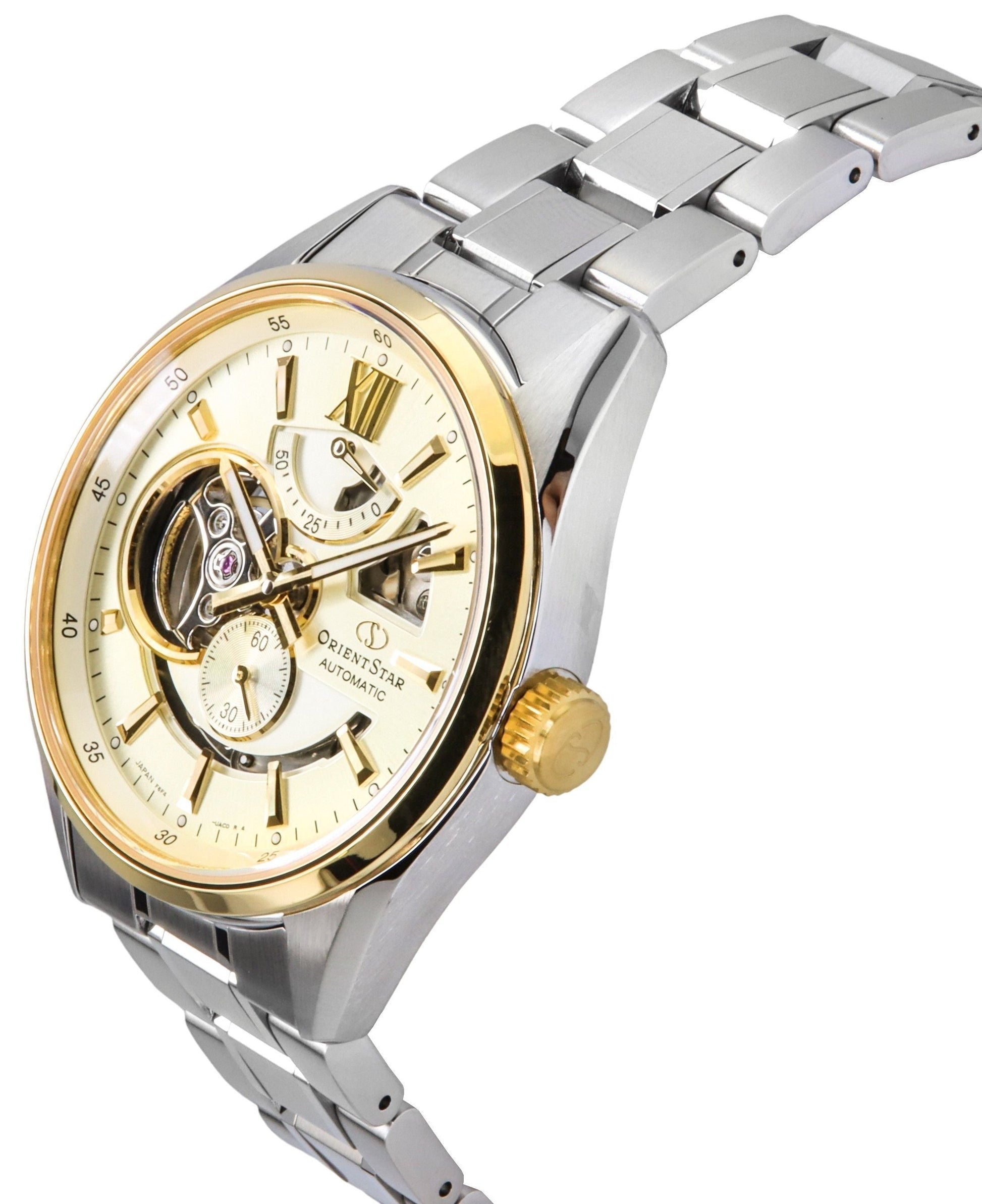 Orient Star Contemporary Stainless Steel Skeleton Champagne Dial Automatic RE - AV0124G 100M Men's Watch - Prestige Stones