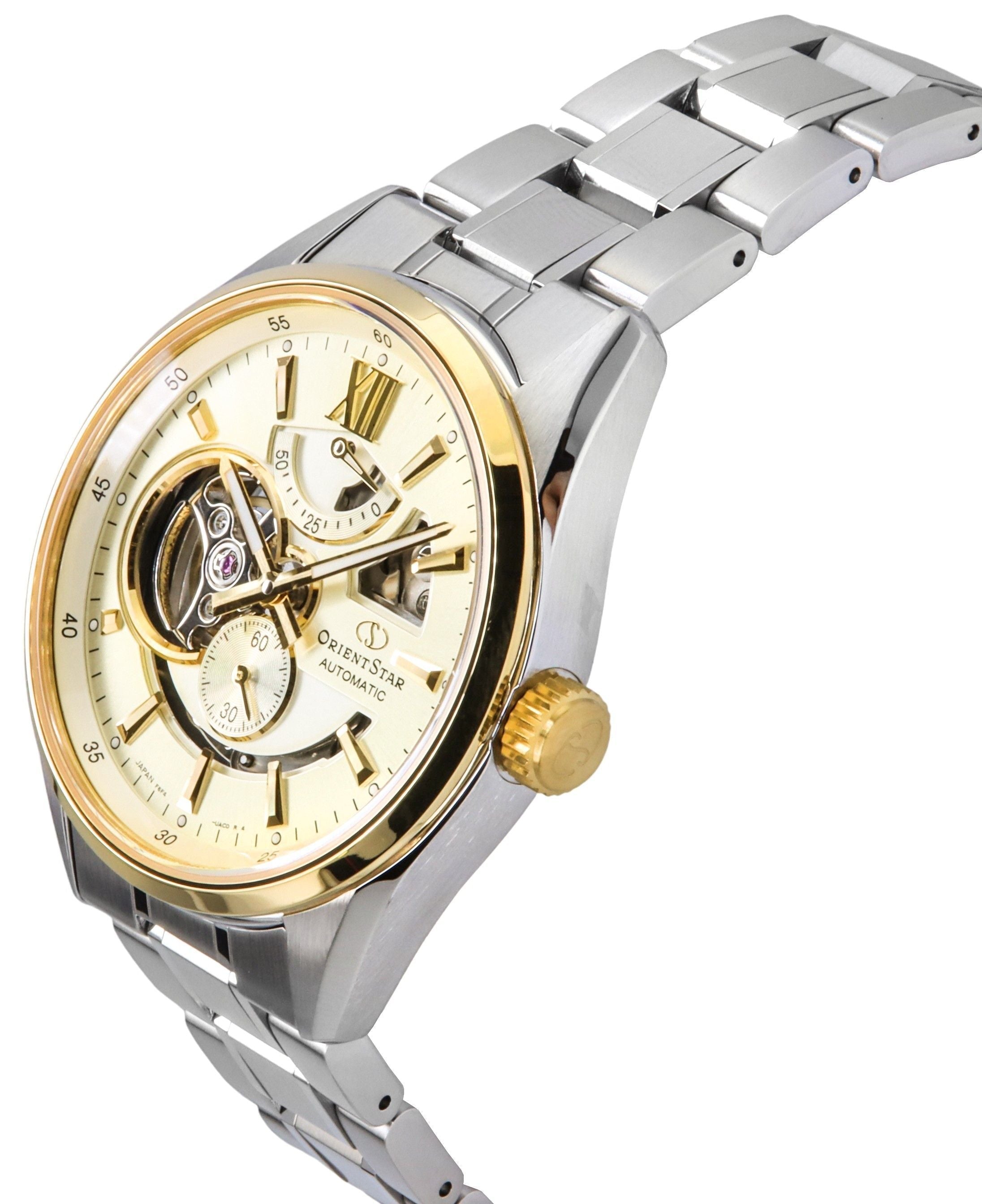Orient Star Contemporary Stainless Steel Skeleton Champagne Dial Automatic RE - AV0124G 100M Men's Watch - Prestige Stones