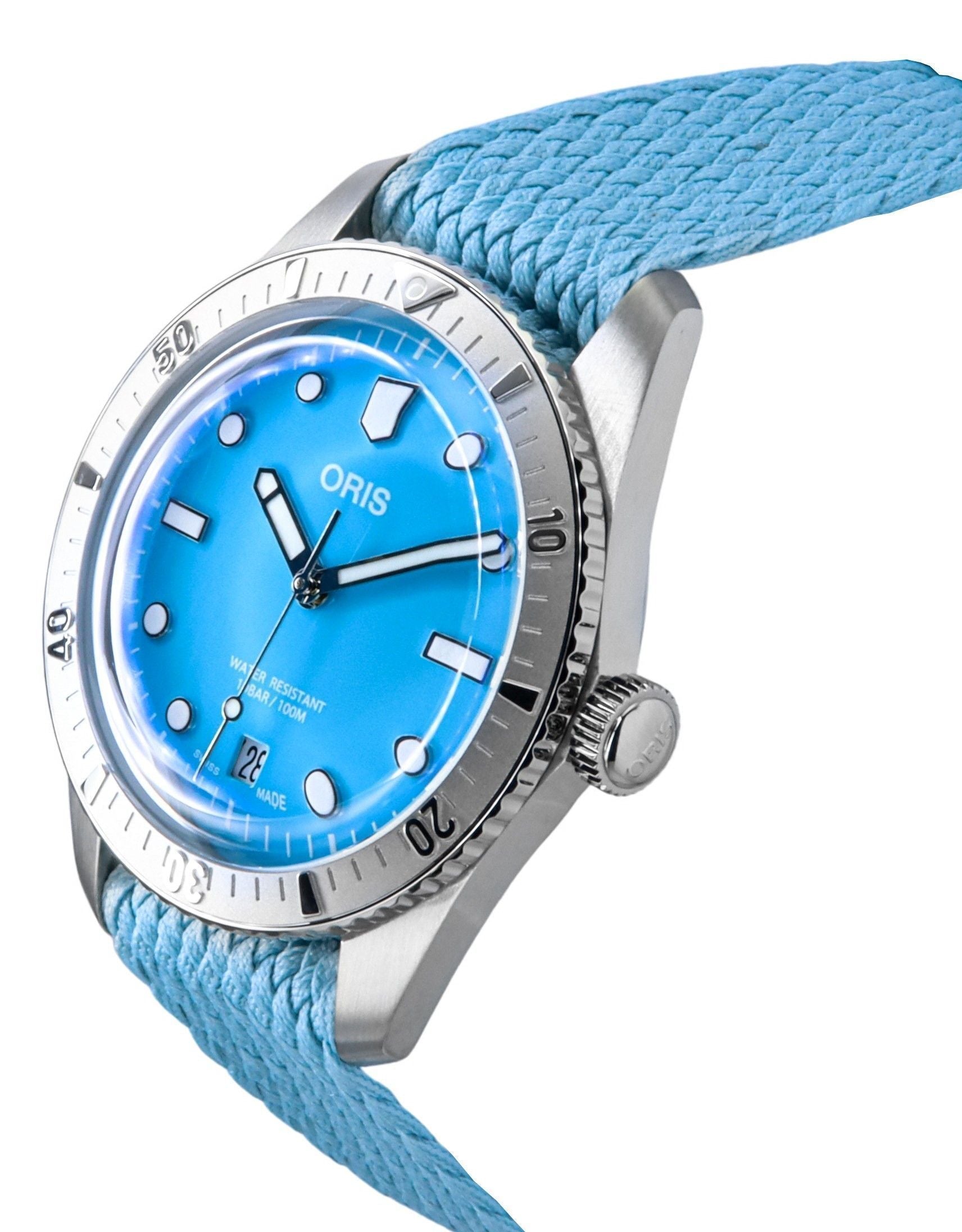 Oris Divers Sixty - Five Cotton Candy Textile Strap Blue Dial Automatic 01 - 733 - 7771 - 4055 - 07 - 3 - 19 - 02S 100M Unisex Watch - Prestige Stones