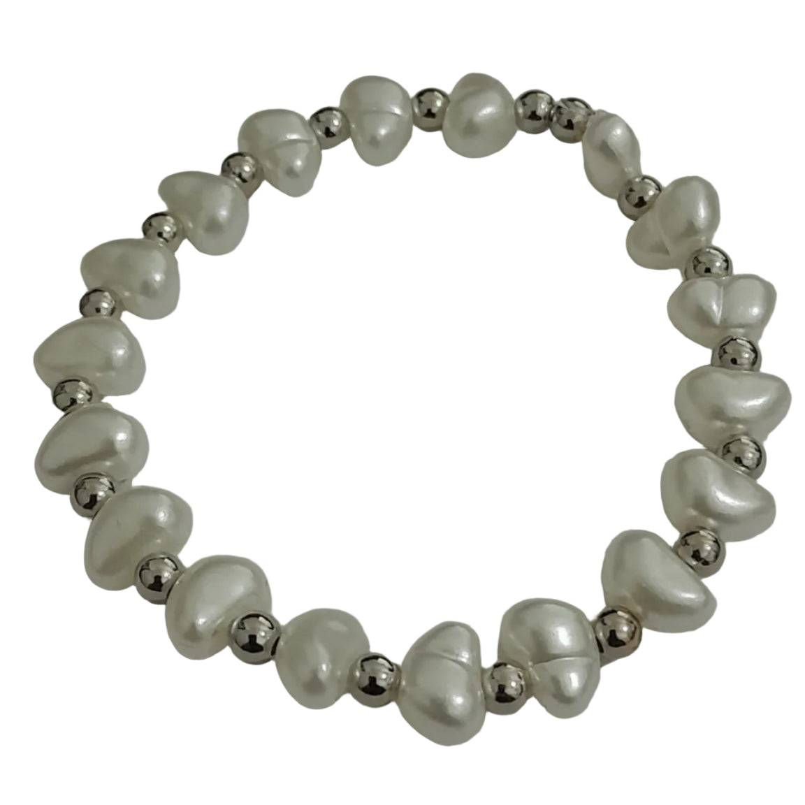 Pearl heart bead stretch bracelet with metallic spacer beads, elegant and feminine design