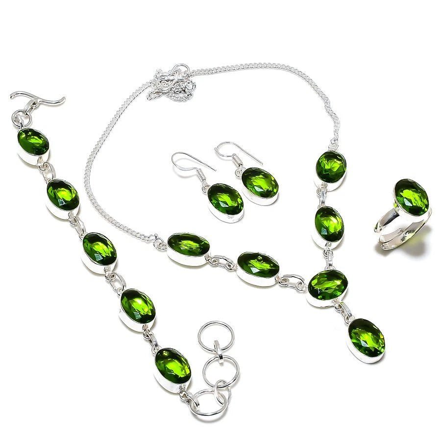 Lab-created green peridot jewelry set in artisan handmade 925 silver – necklace, earrings, bracelet, and ring