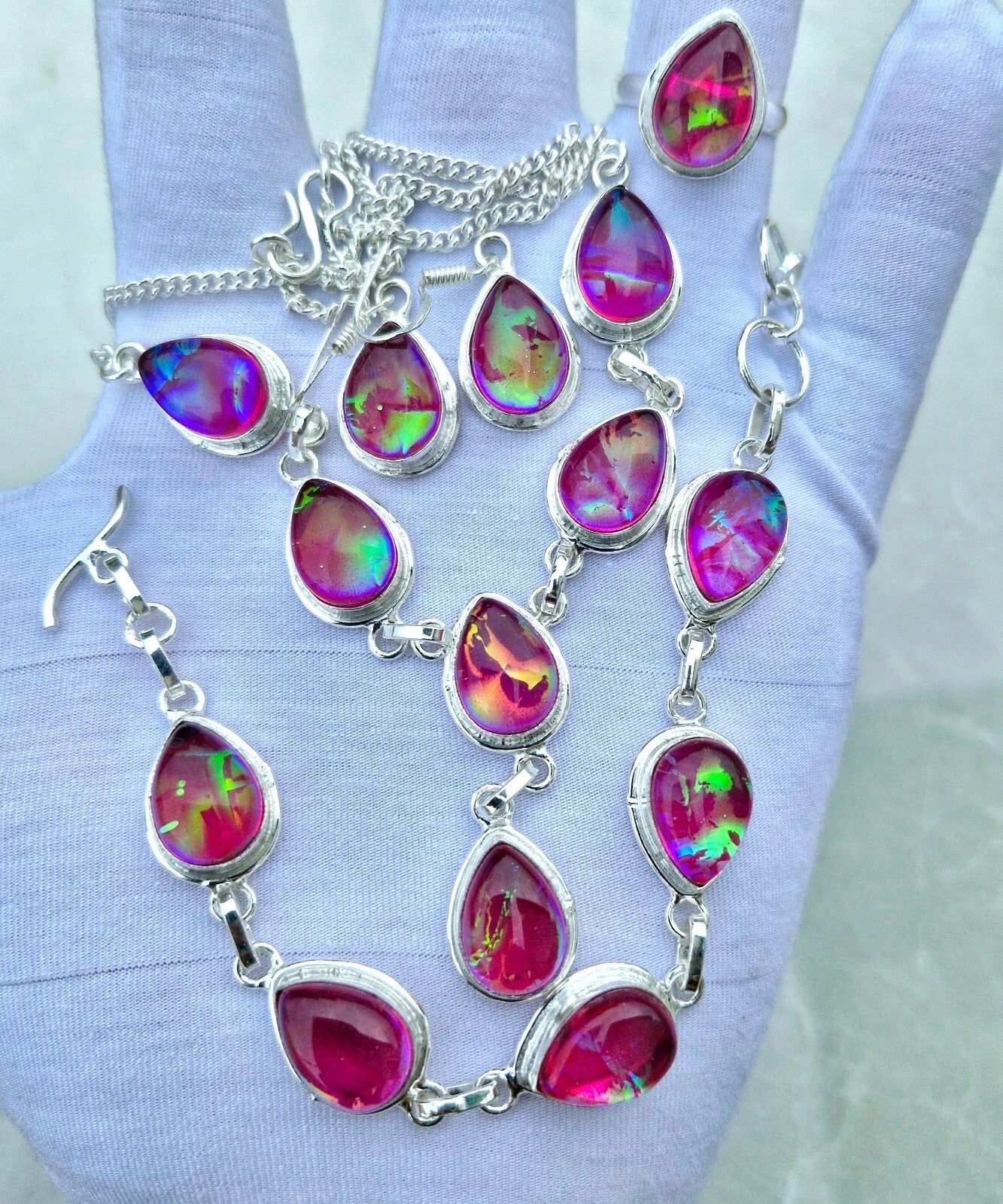Handcrafted 925 sterling silver jewelry set with lab-created pink Australian triplet opals