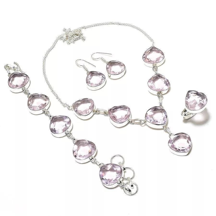 Lab-created pink kunzite jewelry set in artisan handmade 925 silver – necklace, earrings, bracelet, and ring