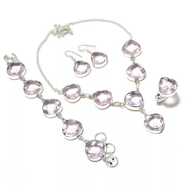 Lab-created pink kunzite jewelry set in artisan handmade 925 silver – necklace, earrings, bracelet, and ring