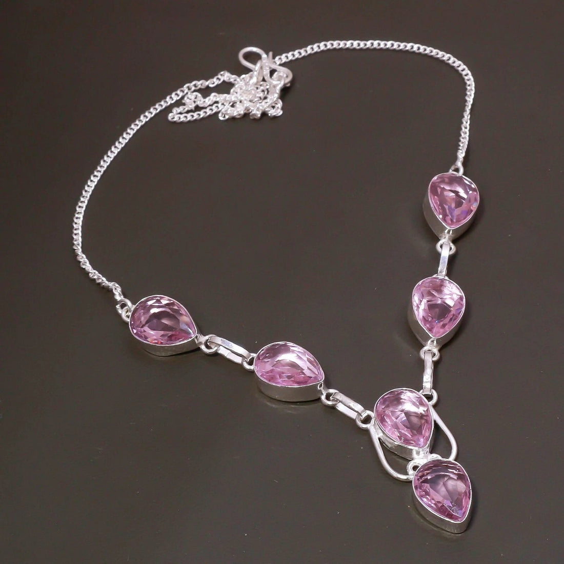 Handcrafted 925 silver necklace with lab-created pink kunzite gemstone – 18-inch length, ethnic-inspired design