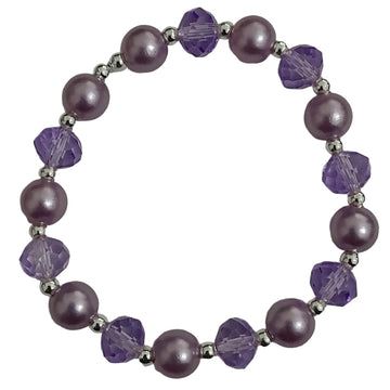 Purple stretch bracelet with pearl-style beads, faceted crystal-cut beads, and silver-tone spacers