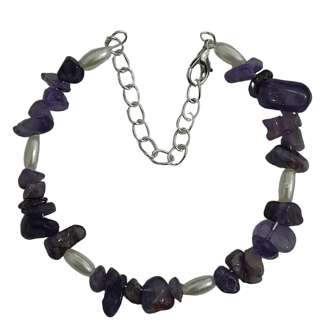 Purple gemstone chip and pearl-style bead bracelet with adjustable silver-tone chain and lobster clasp, natural and elegant design