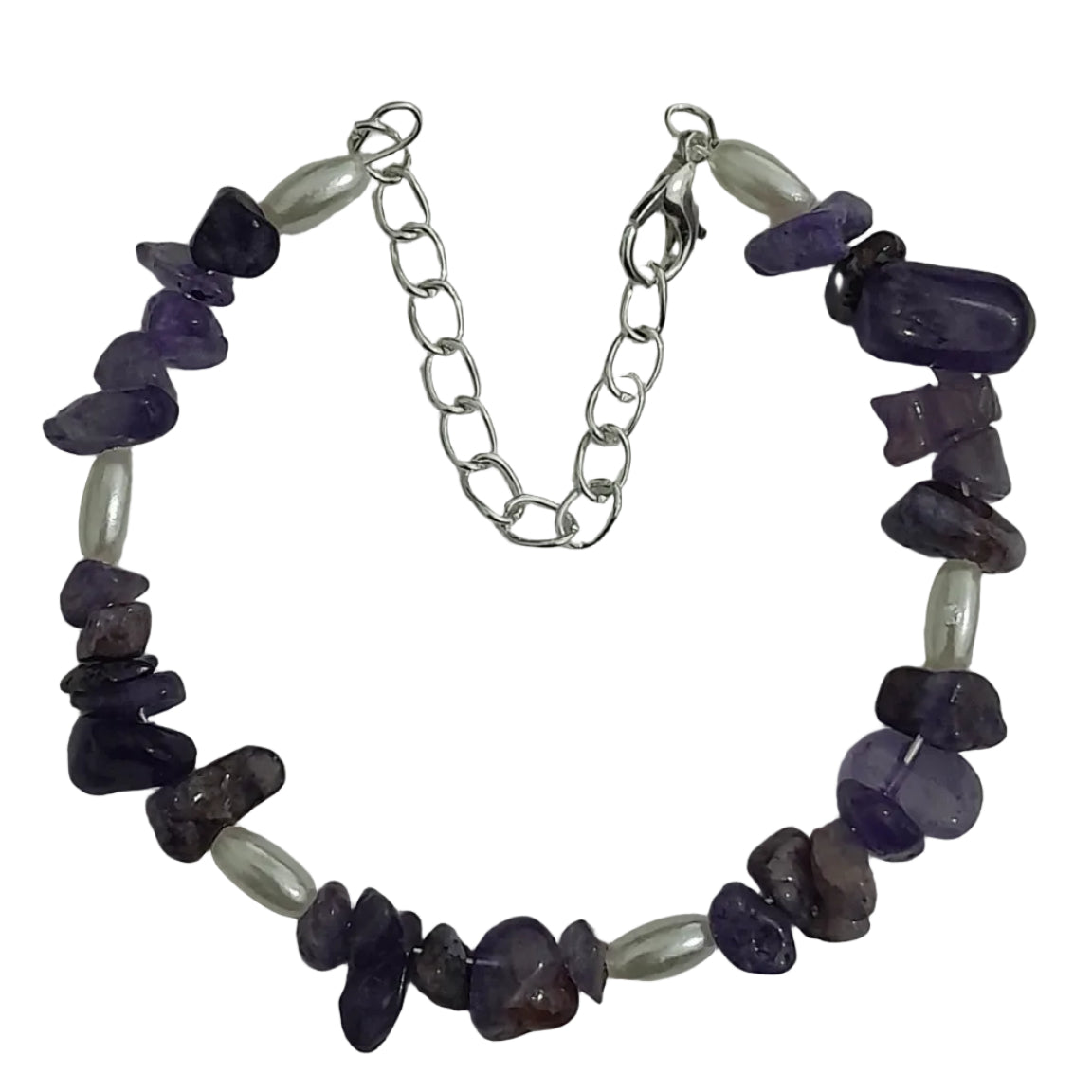 Purple gemstone chip and pearl-style bead bracelet with adjustable silver-tone chain and lobster clasp, natural and elegant design